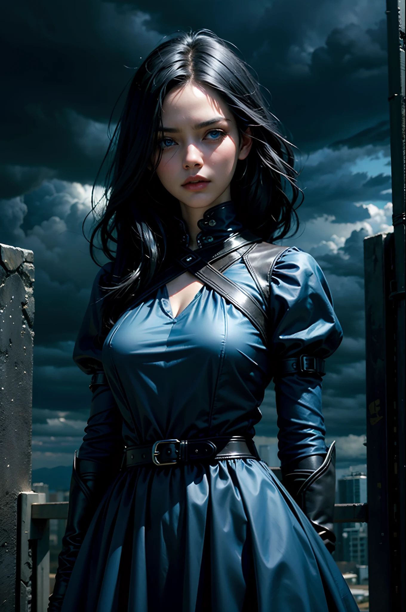 woman, black hair, blue eyes, fair skin, dark, mysterious, serious, dark silk, blue dress, background is dark storm clouds, mood is apprehensive, frustrating, ambiguous, inscrutable, eerie night time light, character design.