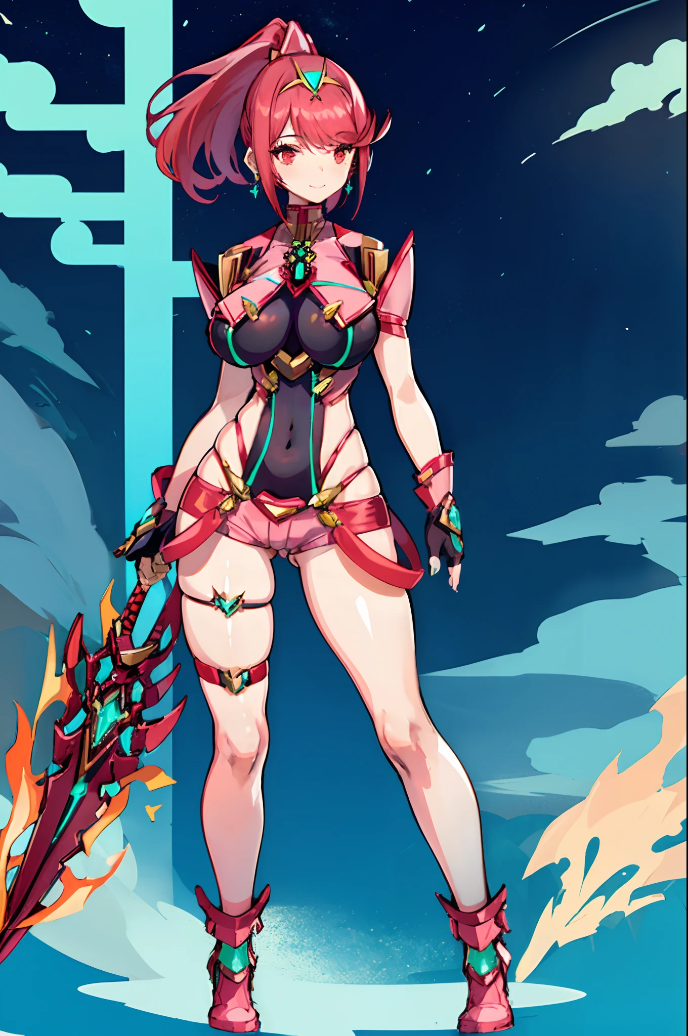 pyra \(xenoblade\), _1girl, lolings, black gloves, breasts, red eyes, shout, earrings, eyelashes, fingerless gloves, floating hair, , gem, gloves, hair ornament, headpiece, jewelry, gigantic_breasts, leaning back, swimsuit, neon trim, official art, pose, red hair, saitou masatsugu, short hair, sidelocks, skin tight, solo, swept bangs, thighhighs, tiara, fantasy_town_background, underbust, xenoblade chronicles \(series\), (xenoblade chronicles 2), (spread_legs:1.1), fire_effect,dynamic_pose,fighting,light_smile, (plump:1.1), big_ass,huge_sword, hold_large_sword_hilt, covered_nipples, covered_pussy, fists,ponytail,beautiful_fingers,(solo:1.1), bare_shoulder,(shoulder_naked:1.2), nipple_jewel,back, back_view, focus_ass,ass, (very_short_shorts:1.3),(lise_leg:1.4)