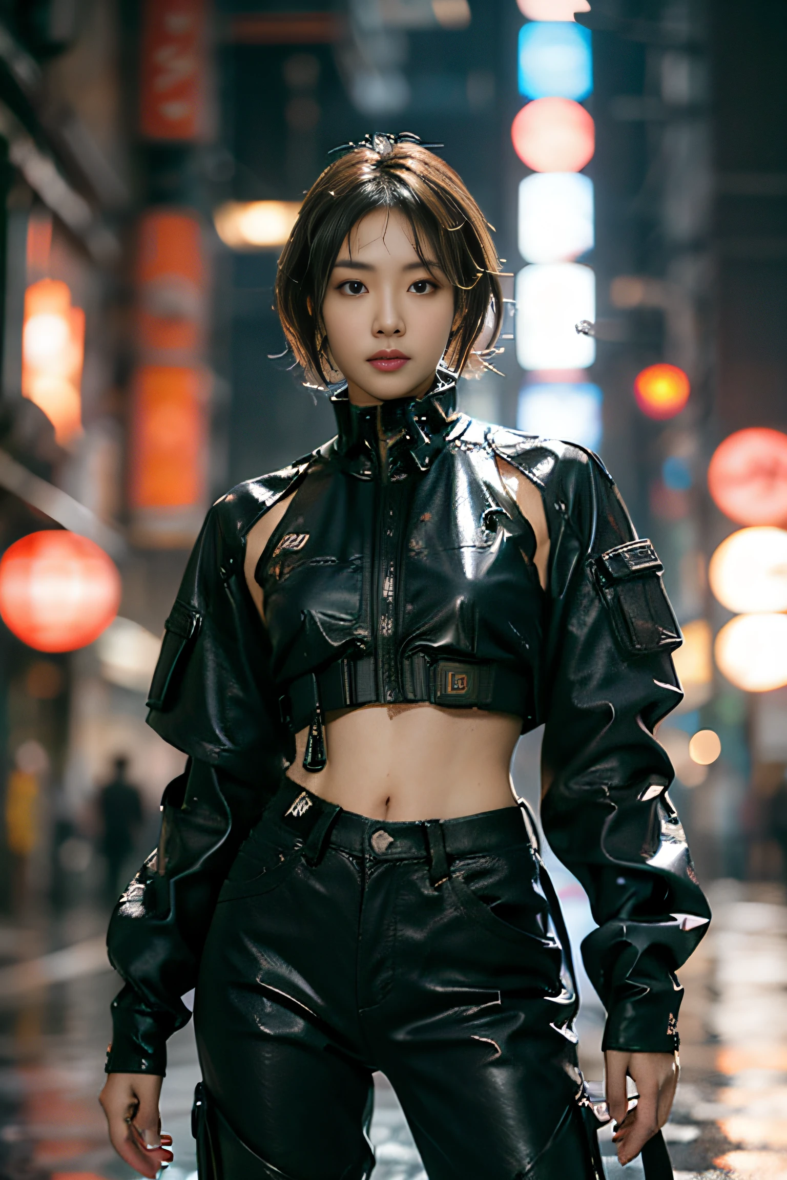 (masterpiece:1.2), (realistic, photo realistic:1.37), perfect anatomy, highly detailed background, shiny skin, (Japanese famous actress:1.5), (gyaru), flat chest, brown race, dark skin, blond hair, (very short hair:1.2), cinematic lighting, (dynamic Pose:1.4), cowboy shot, denim pants, (urban techwear:1.5), (wet hair, a wet cloth, water drop on the skin:1.1), (cyberpunk city, neon, lasers:1.3),