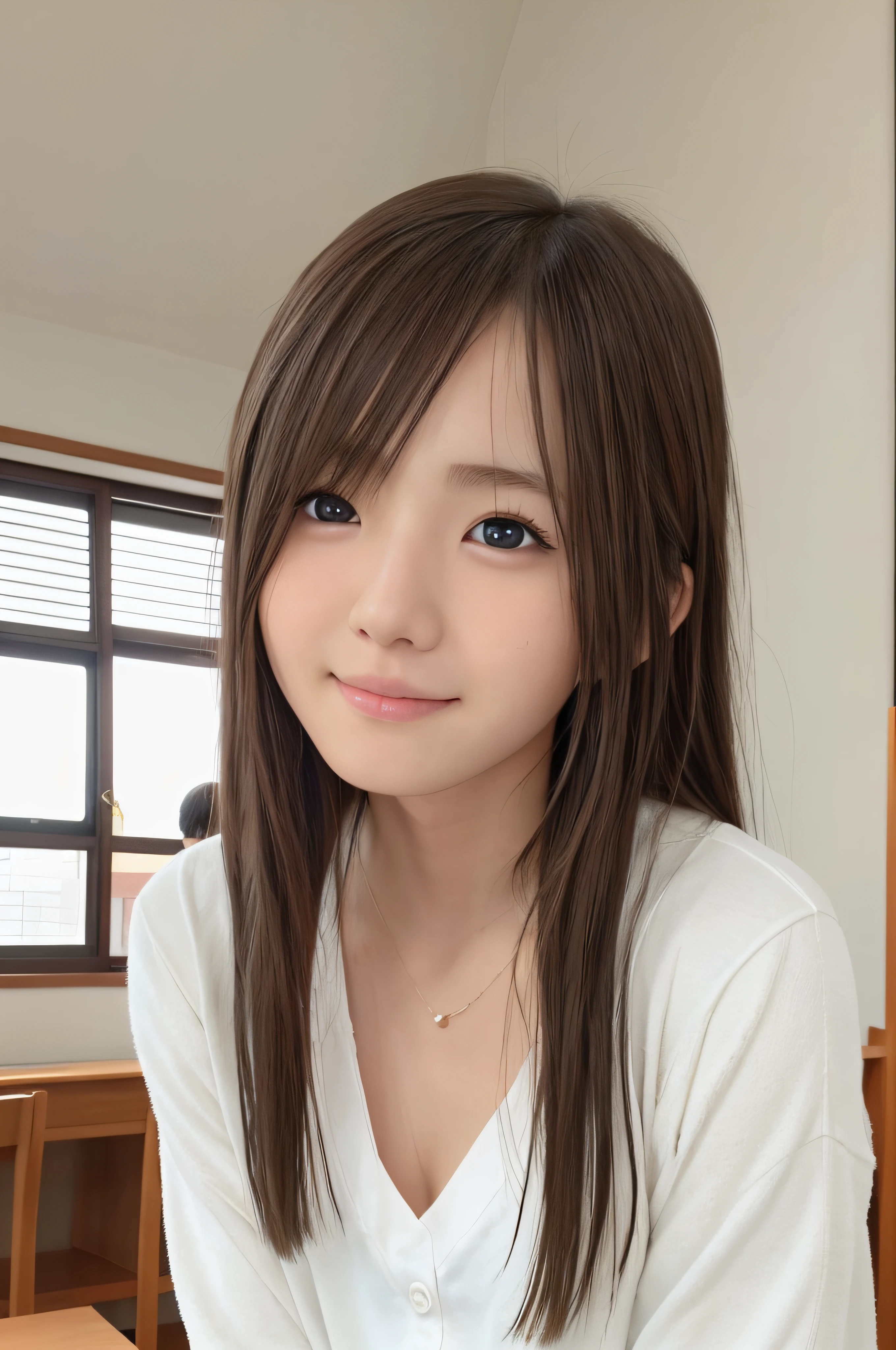 15yo student、brown haired、beautidful eyes、real looking skin、hi-school girl、small tits、(8K、​masterpiece)、(reallistic、Photorealsitic)、top-quality、ighly detailed、The ultra-detailliert、Beautie、cute little、japanes、Idol、a smile、Close-up portrait、Healthy face、Realistic pupils