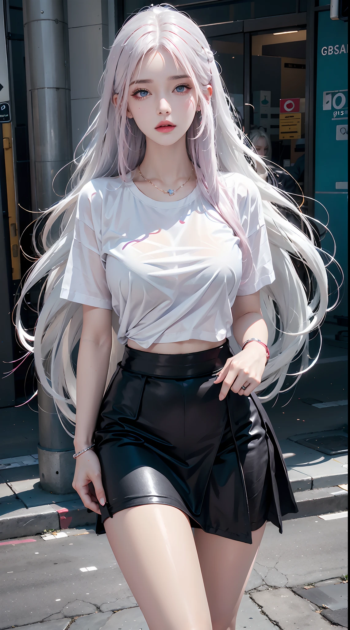 photorealistic, high resolution, 1women, shining skin, solo, tattoo, jewelry, pink lip, long hair, white hair, blue eye, closed mouth, hips up, t-shirt, black skirt, street wear,bracelet