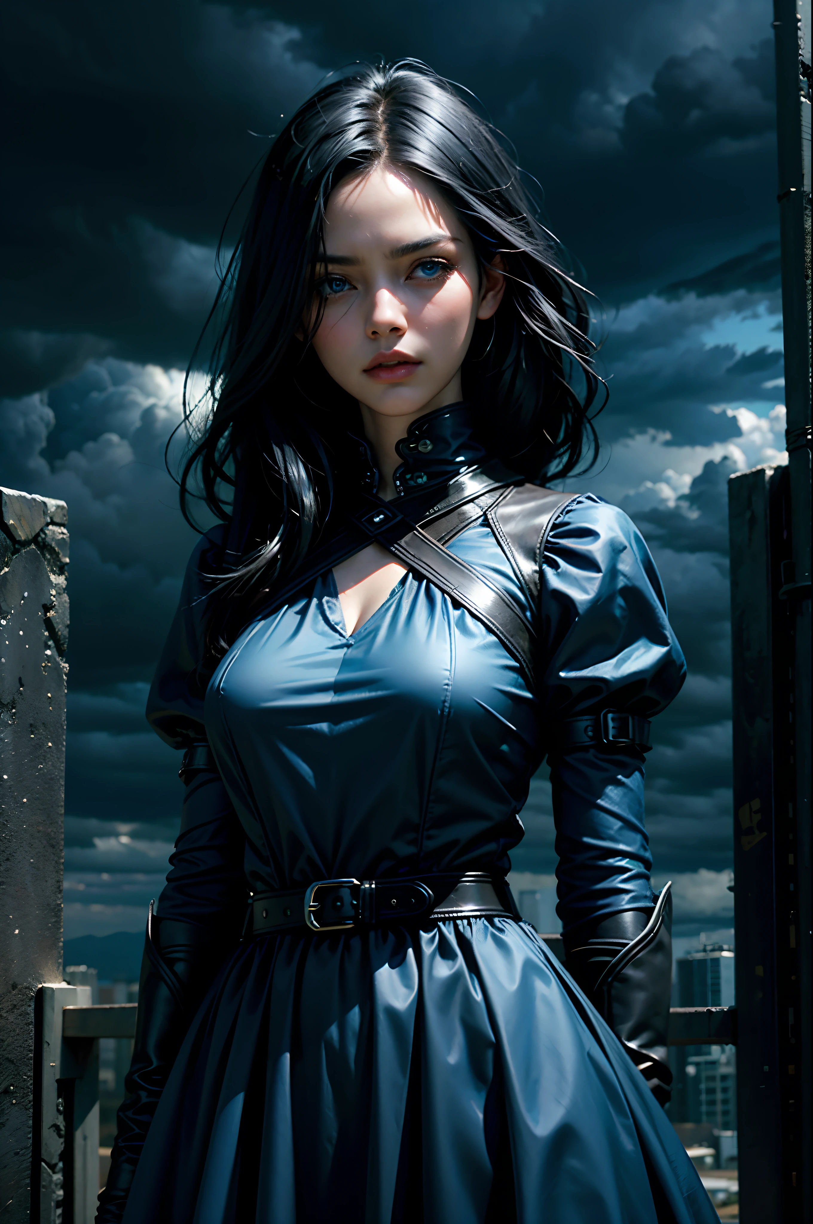woman, black hair, blue eyes, fair skin, dark, mysterious, serious, dark silk, blue dress, background is dark storm clouds, mood is apprehensive, frustrating, ambiguous, inscrutable, eerie night time light, character design.
