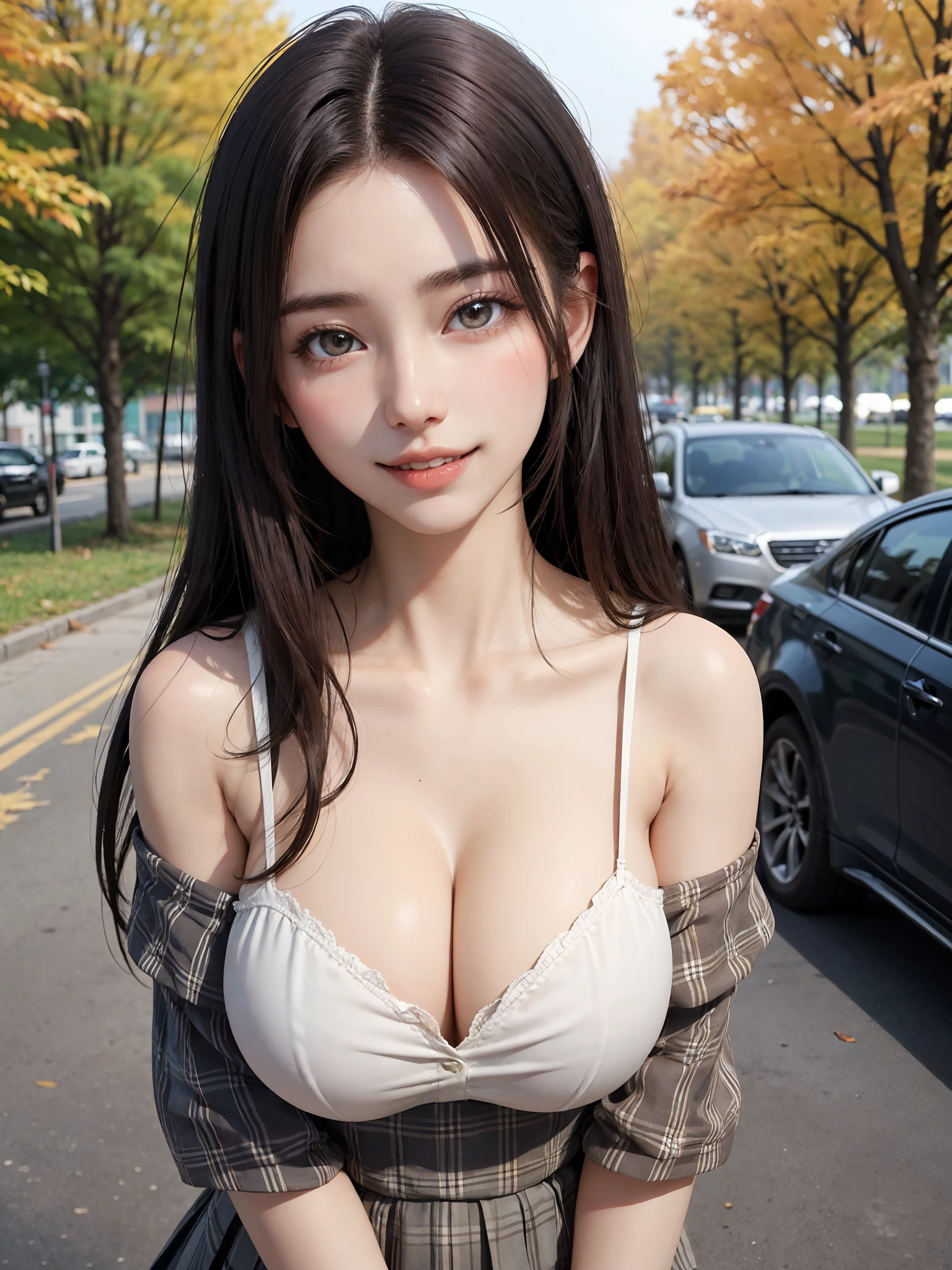 (masutepiece:1.4、top-quality:1.4、Top image quality:1.4、Beautiful adult woman full of charm with cute adult smile:1.4、Beautiful teeth、lipgloss、shiny and glossy hair、Have shiny bangs、short shiny hair with long locks,、the neck is long:1.4、Put your ears out、tall supermodel、Supermodel with broad shoulders、{Gigantic|Big|Huge|Mega} breasts, Beautiful breasts have cleavage)、(Cute high school girl、Off-shoulder white shirt、Short plaid pleated skirt、28 year old)、Very cute and attractive woman、(On a clear background of street trees rich in nature with autumn leaves)