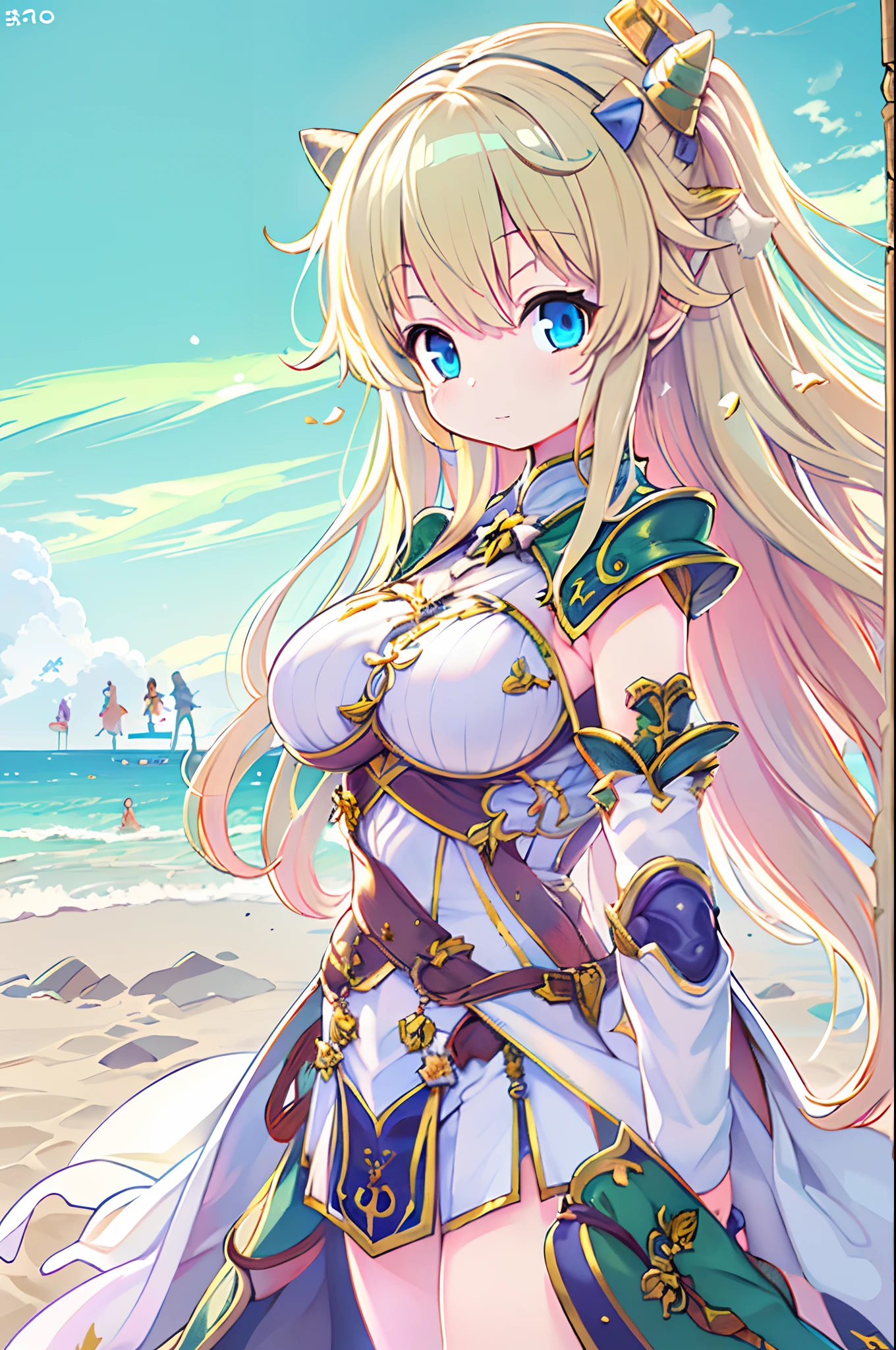 (masterpiece:1.2), (highest quality:1.2), perfect eyes, perfect face, perfect lighting, sunlight, outdoor, desert, 1 girl, blonde, yellow-green eyes, one eye closed, (((wavy hair))), bun_head, blunt bangs, medium hair, (White bikini armor with transparent nipples), cute eyes, closed mouth, ((from above)), ((front), wariza, ((grin)), spoken heart, (big breasts)