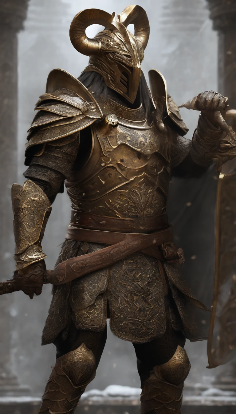 warrior, concept-art, author:Kishiganku, Fantasy art, Zen temple background, clean render, a horned, Wear a suit of armor, Detailed bushido form smoke, helmet of a forgotten deity, character is standing, 8k Realistic, in game render, detailed face background detail, Art station front page, taur, Pseudo-medieval fantasy, A deity wearing koi armor, detailed bronze armor, Bronze armor, golden etched armor, gold obsidian armor, Light gold armor, Gorgeous filigree armor, A demonic warrior, Gorgeous armor full of thorns, Intricate assasin armor, Intricate metal armor, powerful warrior, Dressed in gorgeous gold armor,Decorated with intricate patterns, The helmet has a large crown and two horns, Everything is in the dark, The smoky background hints at the battle scene, Add an ominous aura to his character,The Demon's Giant Demon Wings,??????????, Full body shot.