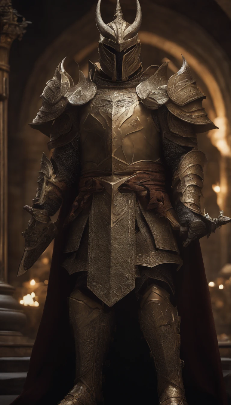 warrior, concept-art, author:Kishiganku, Fantasy art, Zen temple background, clean render, a horned, Wear a suit of armor, Detailed bushido form smoke, helmet of a forgotten deity, character is standing, 8k Realistic, in game render, detailed face background detail, Art station front page, taur, Pseudo-medieval fantasy, A deity wearing koi armor, detailed bronze armor, Bronze armor, golden etched armor, gold obsidian armor, Light gold armor, Gorgeous filigree armor, A demonic warrior, Gorgeous armor full of thorns, Intricate assasin armor, Intricate metal armor, powerful warrior, Dressed in gorgeous gold armor,Decorated with intricate patterns, The helmet has a large crown and two horns, Everything is in the dark, The smoky background hints at the battle scene, Add an ominous aura to his character,The Demon's Giant Demon Wings,submission, Full body shot.