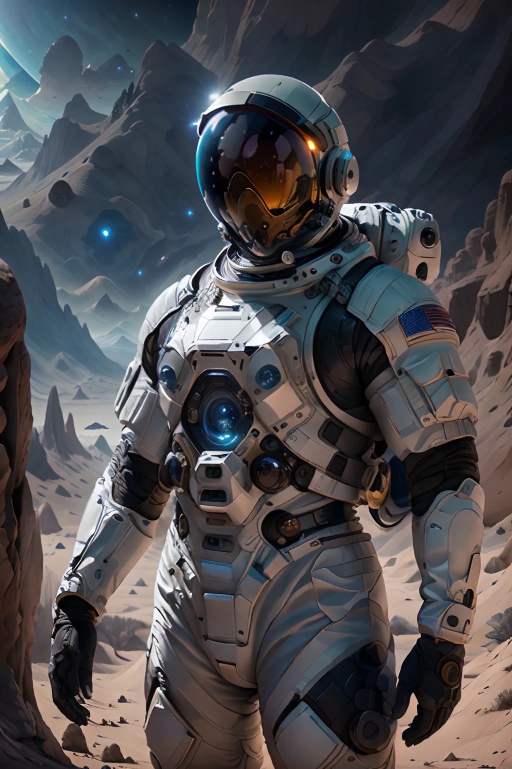 The picture shows a man in a spacesuit exploring a mysterious alien civilization planet, There are mysterious alien creatures everywhere,In the distance are breathtaking images of space,The scene is highly-detailed,Clarity is extraordinary,Every intricate detail of the panorama is captured,((tmasterpiece)),((best qualtiy)),8K,high detal,((Masterpiece)), (Best quality)),