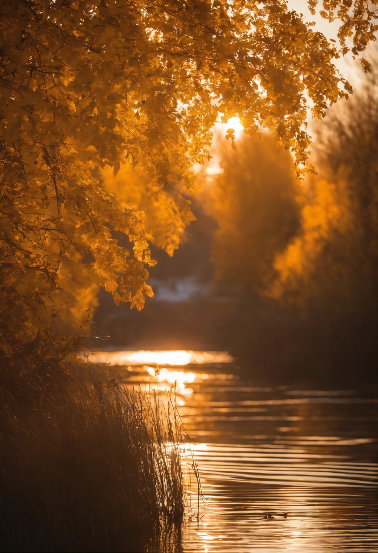 autumnal,A lot of golden yellow(1.3),Desolation,cold shades,There are reeds by the water,setting sun,flying birds,Art Deco, chiaroscuro, cinematic lighting, depth of field, motion blur, depth of field, ray tracing, reflection light, lens flare, first-person view, UHD, ccurate