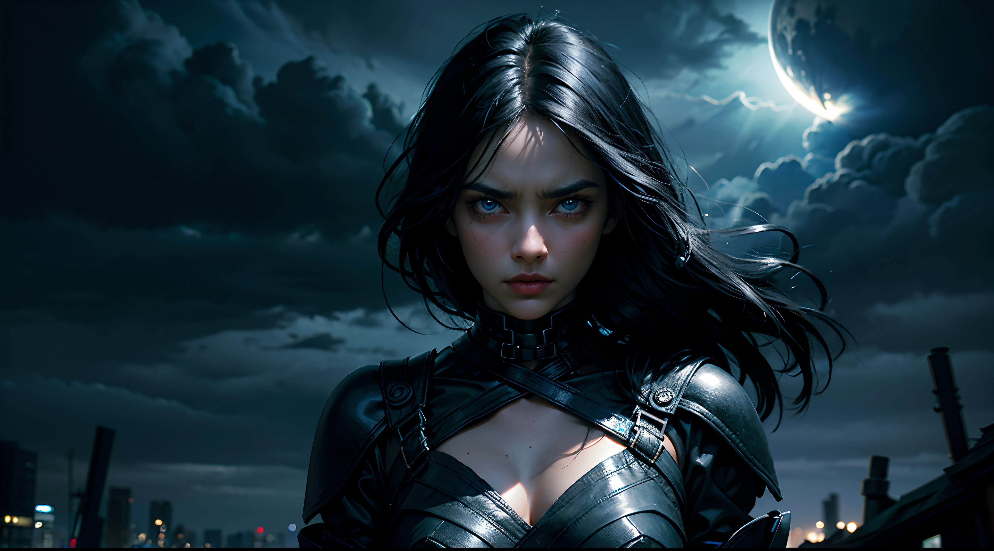 woman, black hair, blue eyes, fair skin, dark, mysterious, serious, dark silk, black dress, background is dark storm clouds, mood is apprehensive, frustrating, ambiguous, inscrutable, eerie night time light, character design.