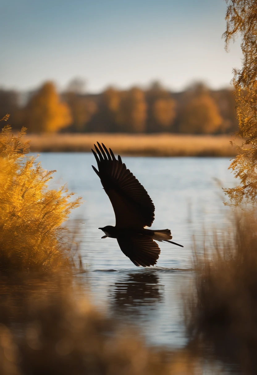 autumnal,A lot of golden yellow(1.3),Desolation,cold shades,There are reeds by the water,setting sun,Flying birds(1.5),The black shadow of the bird,art-deco, Chiaroscuro, Cinematic lighting, Depth of field, Motion blur, Depth of field, Ray tracing, reflective light, Lens flare, first person perspective, hyper HD, ccurate