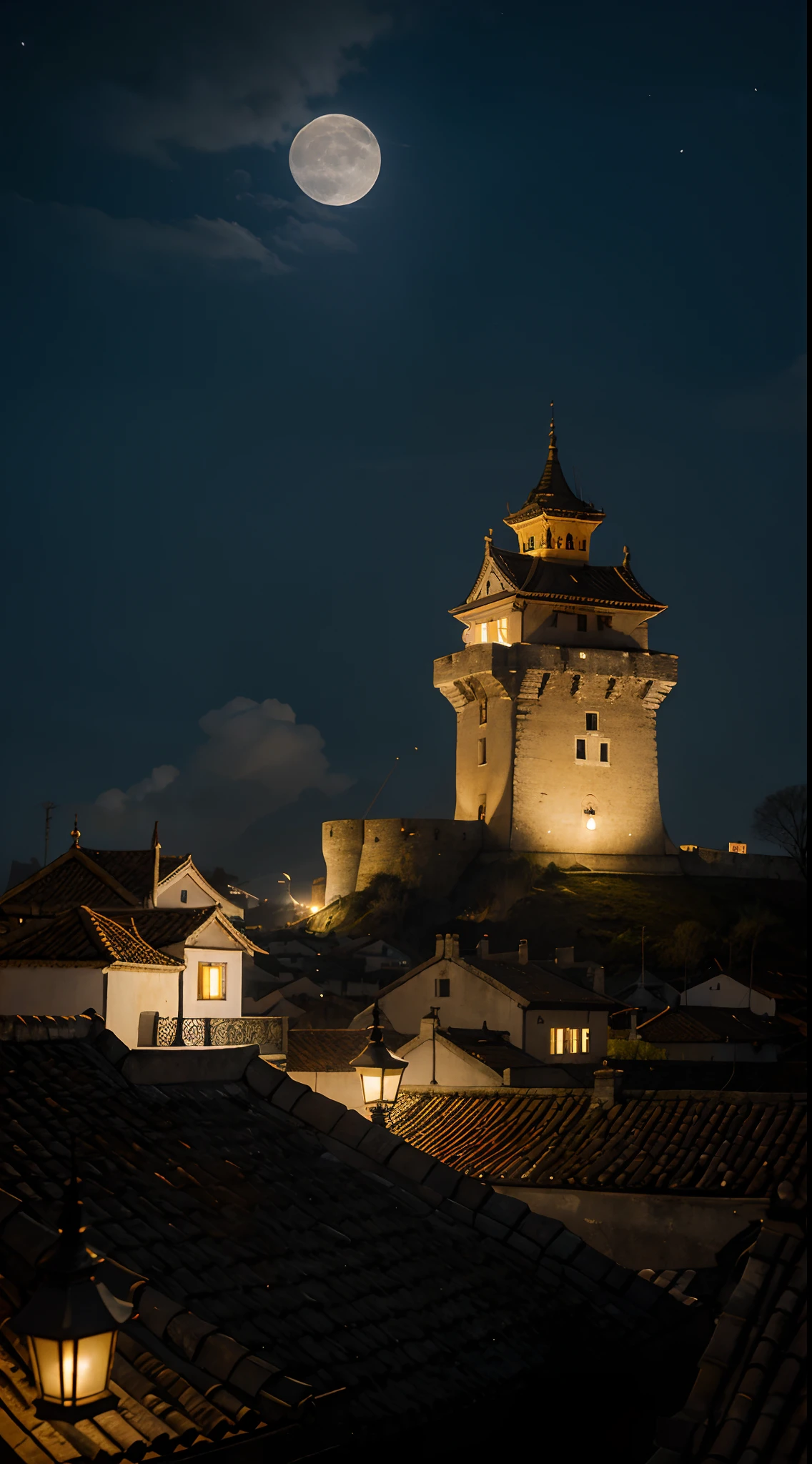 Muros muito altos，Close-up das muralhas da cidade，There is an attic above the city walls，chinese style architecture，The moonlight of the full moon is bright，Faint clouds float in the night sky，Luz na noite negra，castelo velho，City walls with drawbridges，Yokai Smoke，vazio de pessoas，The yellow lanterns hanging in the attic were blown by the wind，The castle is in the center of the image
