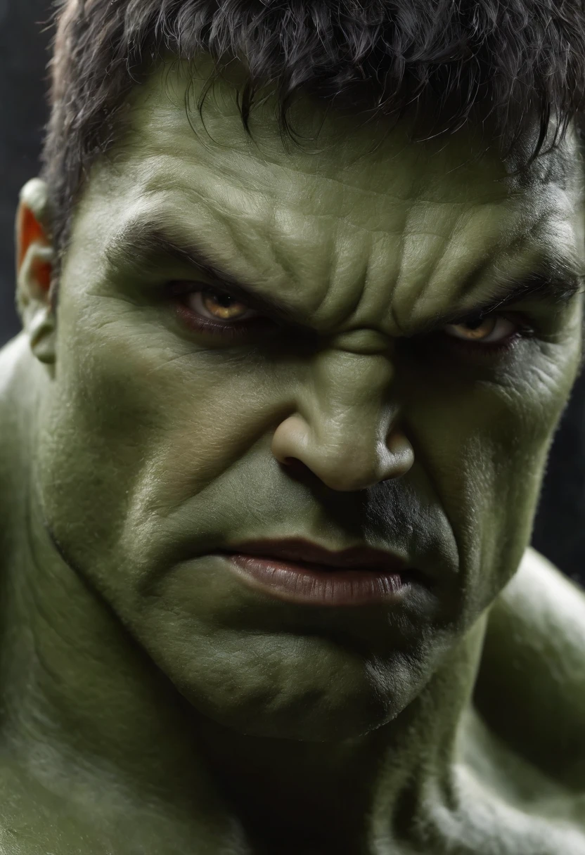Hulk (best quality,fotorrealista),(Escuro,pressentimento) Man,olhos negros detalhados,longos cabelos verde que lembram a noite,pale skin,Visible dark circles,corpo atletico, mas coberto de cicatrizes,Atmosfera sinistra,gothic aesthetic,nightmare appearance,olhar intenso,Aura misteriosa, postura sinuosa e tensa,dramatic shadows and lighting,vivid contrast between light and dark,hint of danger,atmosfera encantada