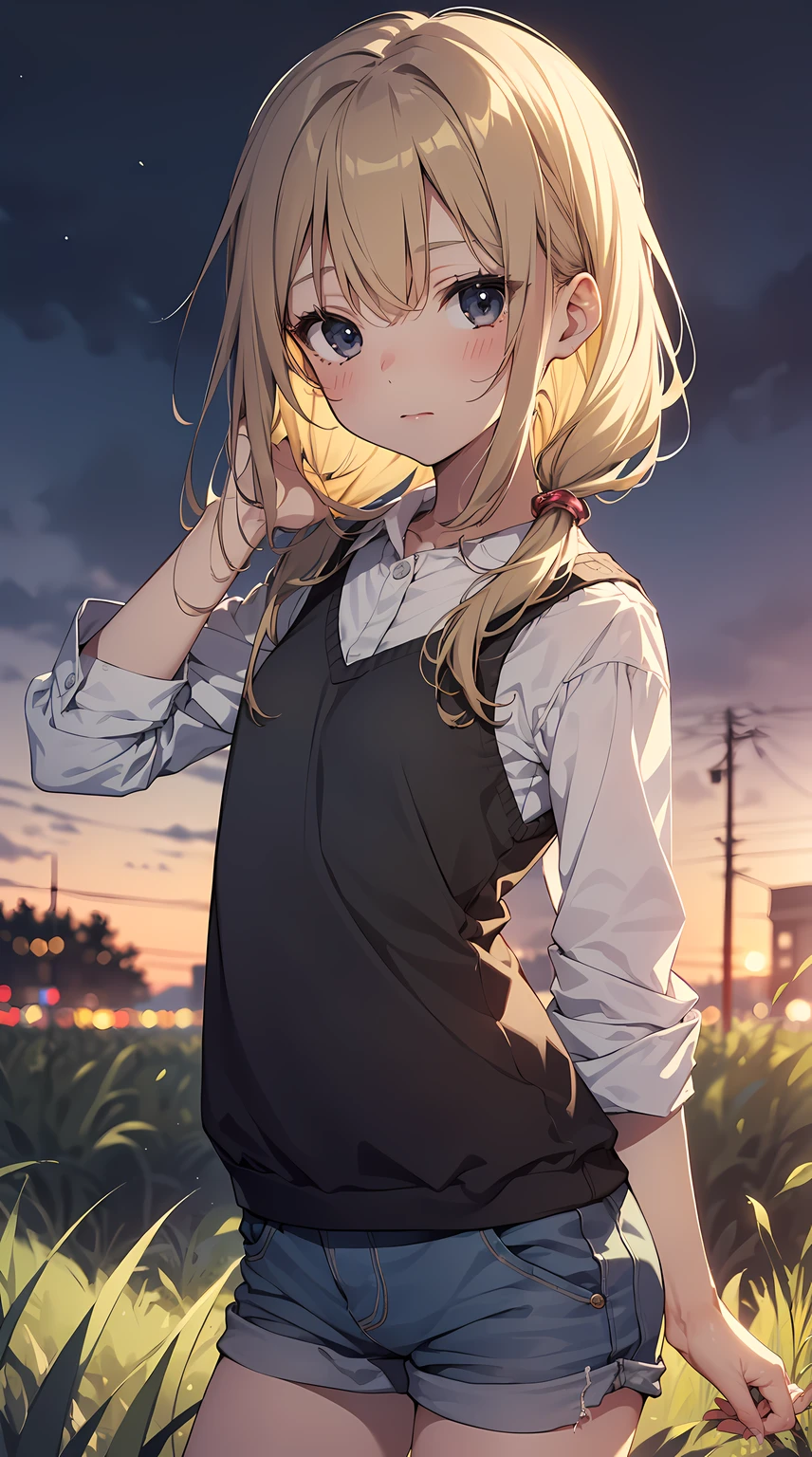 top-quality,1girl,kawaii,(solo,loli face,9 years old:1.5),a junior high school student, low ponytail,Full limbs,complete fingers,flat chest, Small butt,Small eyes,Beautiful detailed black eyes,groin,tank top,shorts,(Detailed Lighting), (Detailed background), night,(in the grassland),nsfw,