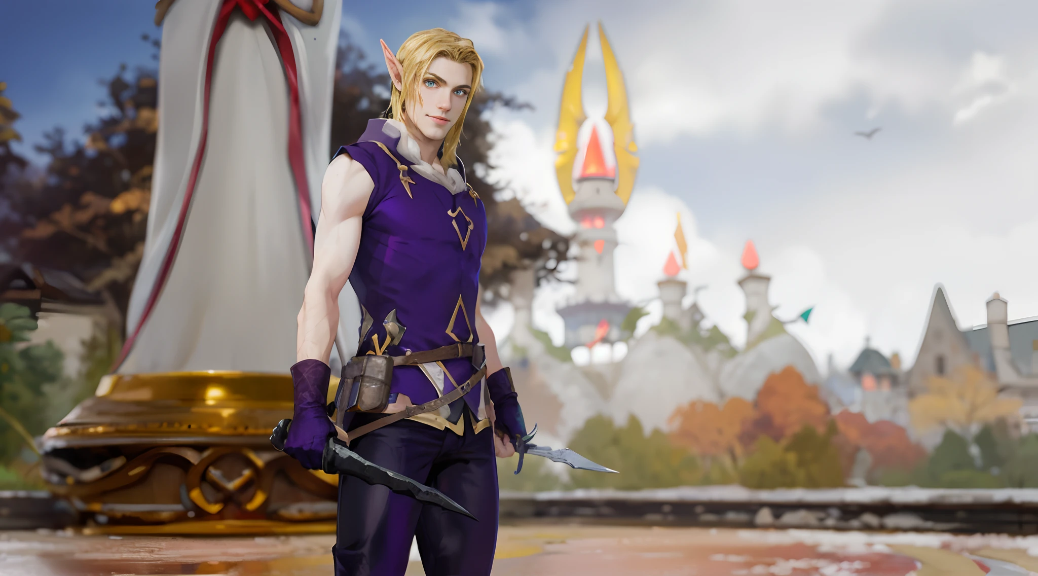 Hay un hombre con un traje morado que sostiene dos dagas, uno en cada mano, Ranger elfo rubio masculino, Hermoso elfo masculino, un elfo macho, Un retrato de un elfo macho, elven male, elven character with smirk, The Blonde River Warrior, skinny male fantasy alchemist, Guardabosques elfo masculino, Elfo macho de piel plateada, Elfo centrado, Young Rogue Half-Elf