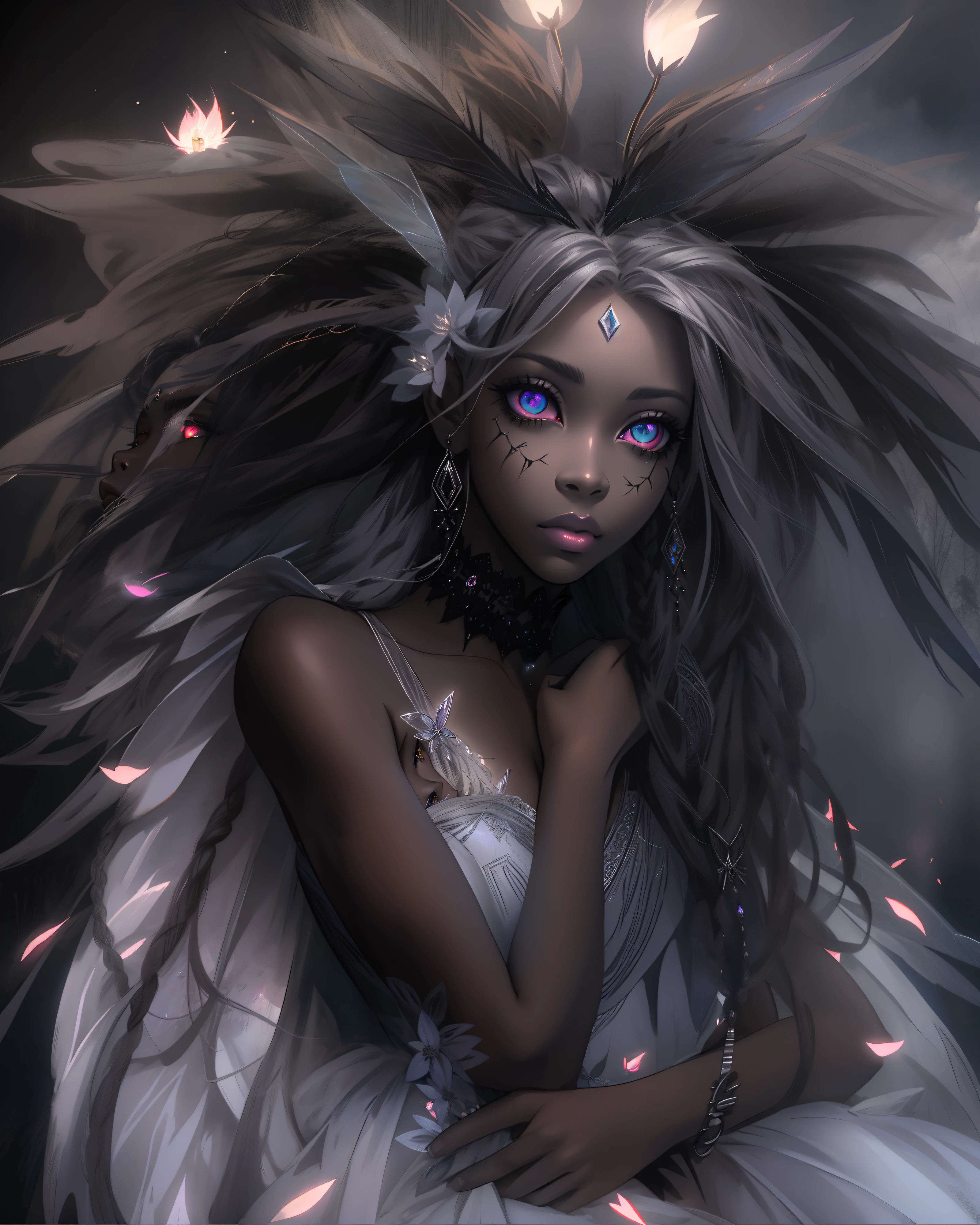 sad hyper realistic, beautiful sad african american dark cloud fairy sark princess fairy, large fairy wings, long silver shiny dreadlocks,white glowing eyes eyes, surrounded my dark thick smoke with silver linings, GIANT FAIRY WINGS, holding a white storm cloud, masterpiece, cinematic,