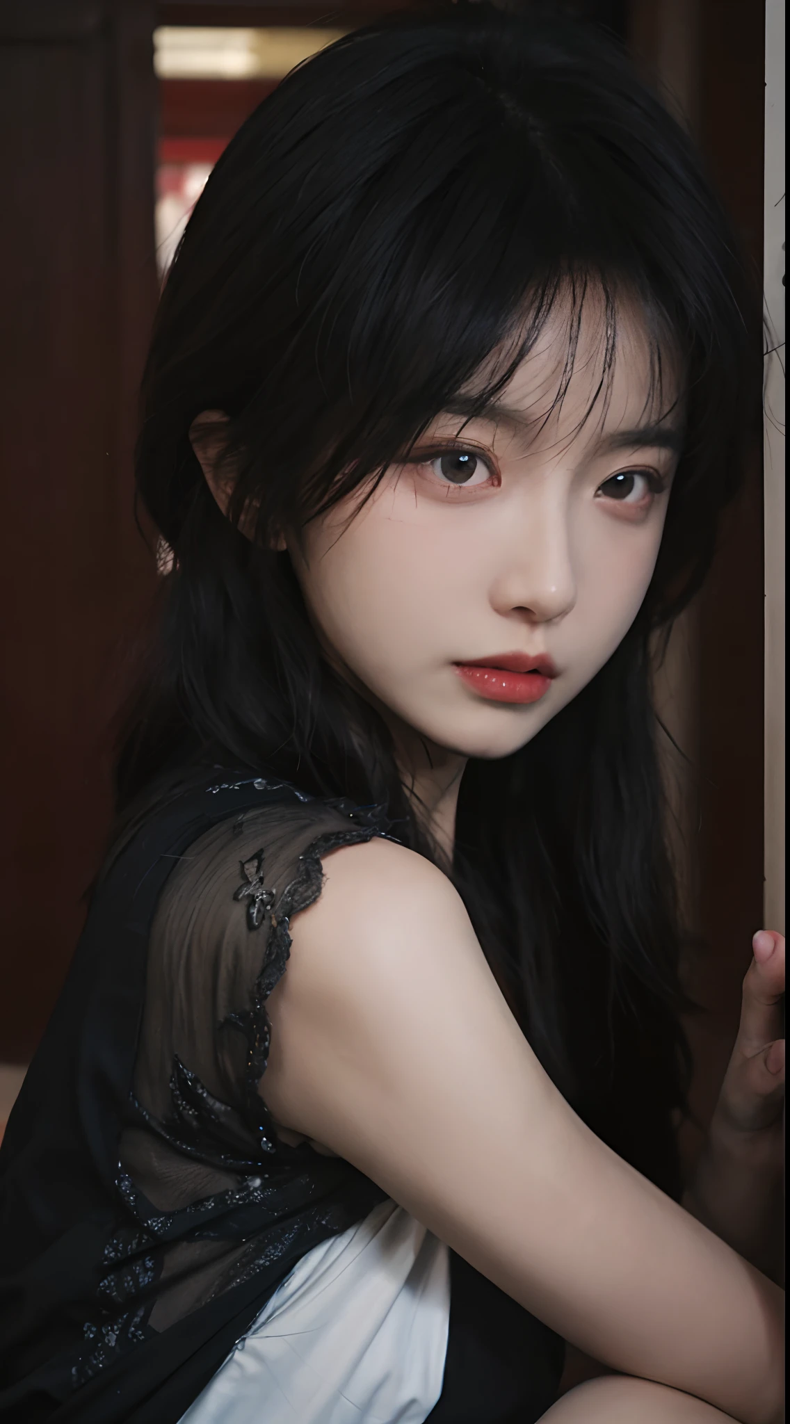 best qualtiy，tmasterpiece，超高分辨率，（realisticlying：1.4），a close up of a woman with long black hair wearing a black dress, Cai Xukun, gorgeous chinese models, Gorgeous young Korean woman, beautiful Korean women, yanjun cheng,  xintong chen, ruan jia beautiful!, Beautiful young Korean woman,