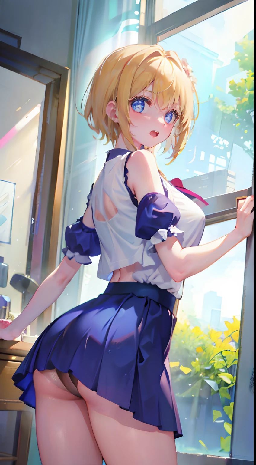 1girl, ass, blue eyes, blonde hair, looking back, hetero, 1boy, skirt, open mouth, solo focus, ass grab, short hair, looking at viewer, headphones, indoors, detached sleeves, window, bangs, smile, from behind, blush, underwear, panties, clothing cutout, bare shoulders, ass focus, blue skirt, skirt lift, breasts, dress, thighs, deep skin, pov