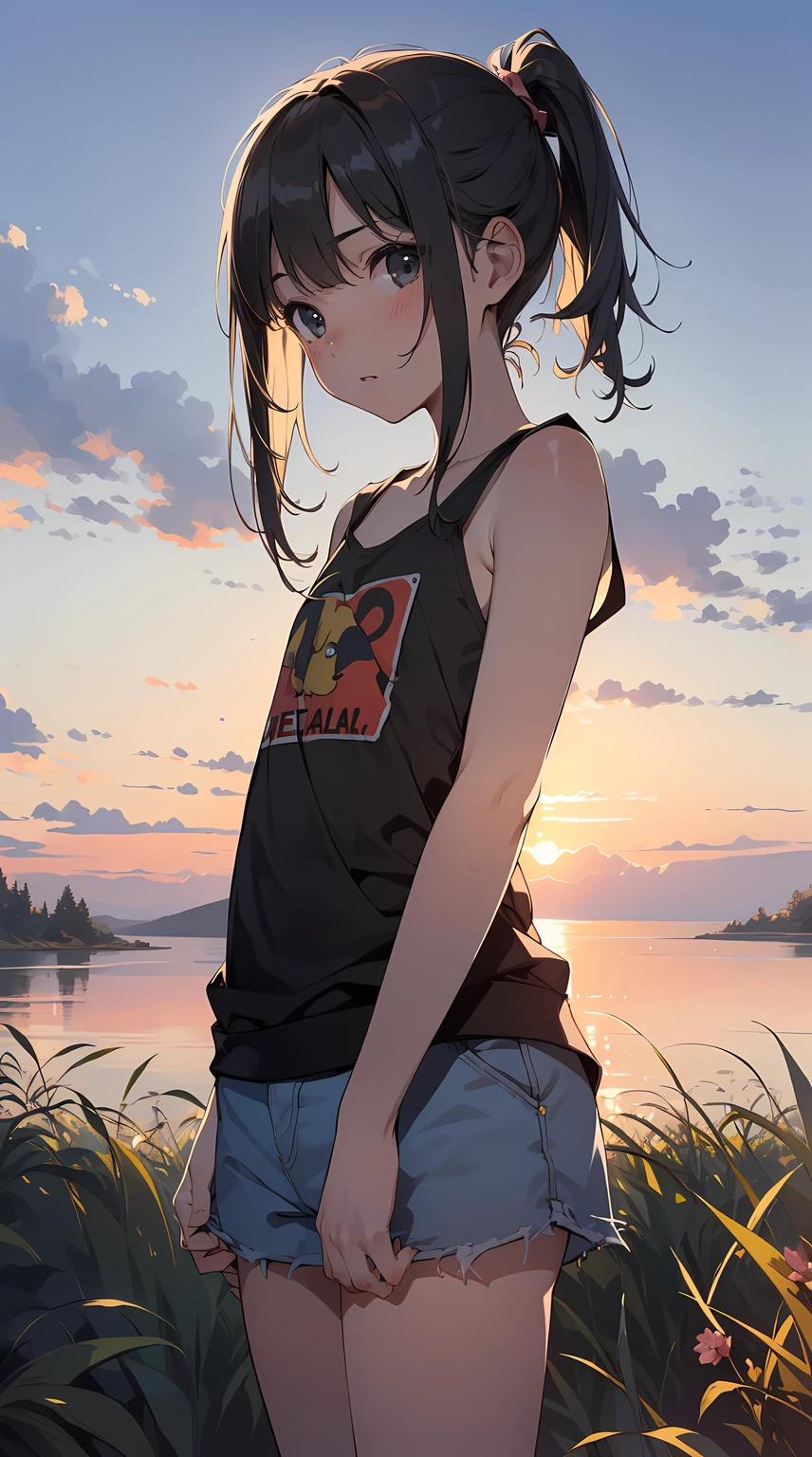 top-quality,1girl,kawaii,(solo,loli face,9 :1.5),a junior hiytail,Full limbs,complete fingers,flat chest, Small butt,Small eyes,Beautiful detailed black eyes,groin,tank top,shorts,(Detailed Lighting), (Detailed background), night,(in the grassland),nsfw,