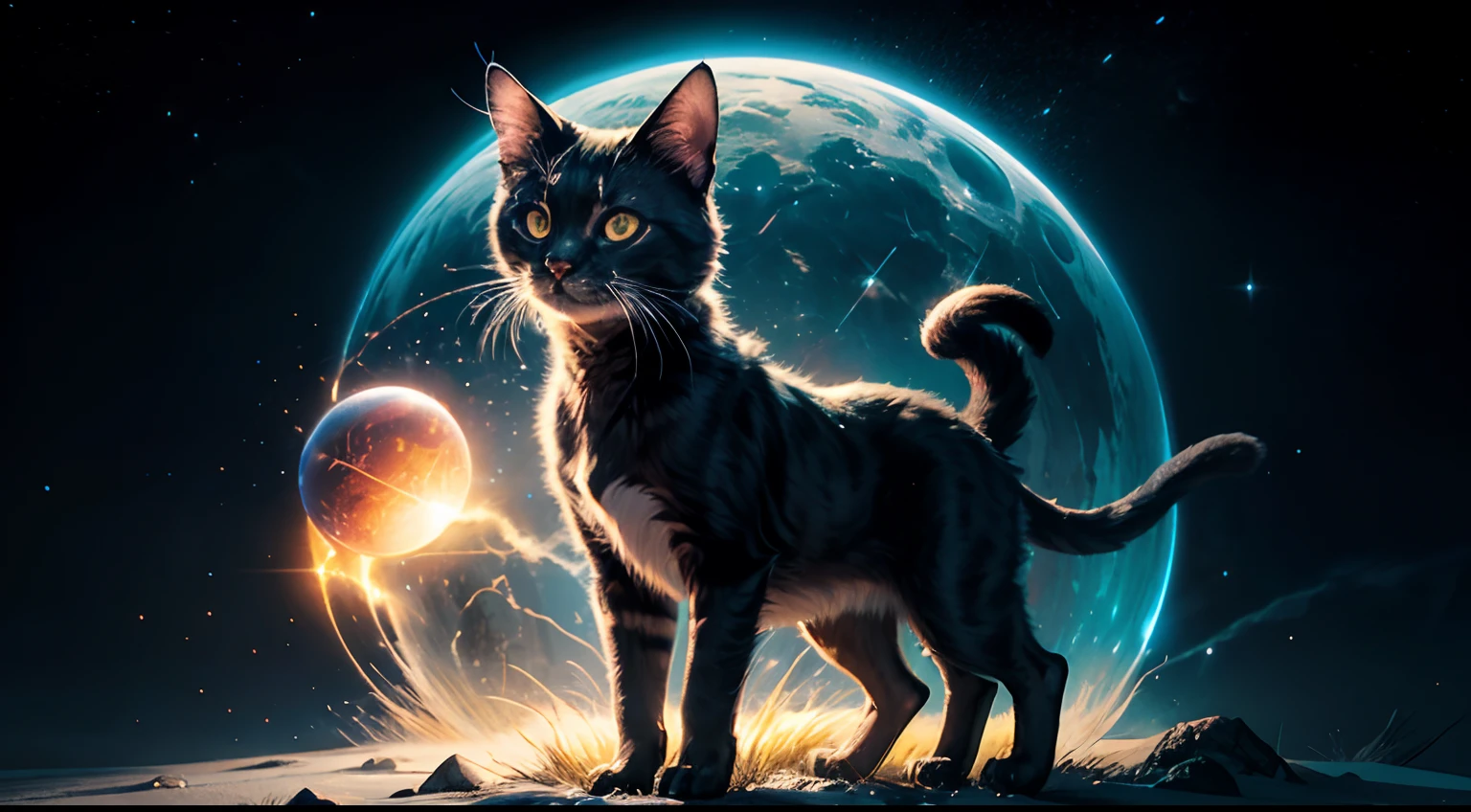 Generate an image of a nocturnal creature, with a sleek, furred body that glows in the dark, large, reflective eyes, cute feline like features and a tail that ends in a cluster of glowing orbs, resembling a constellation of stars.