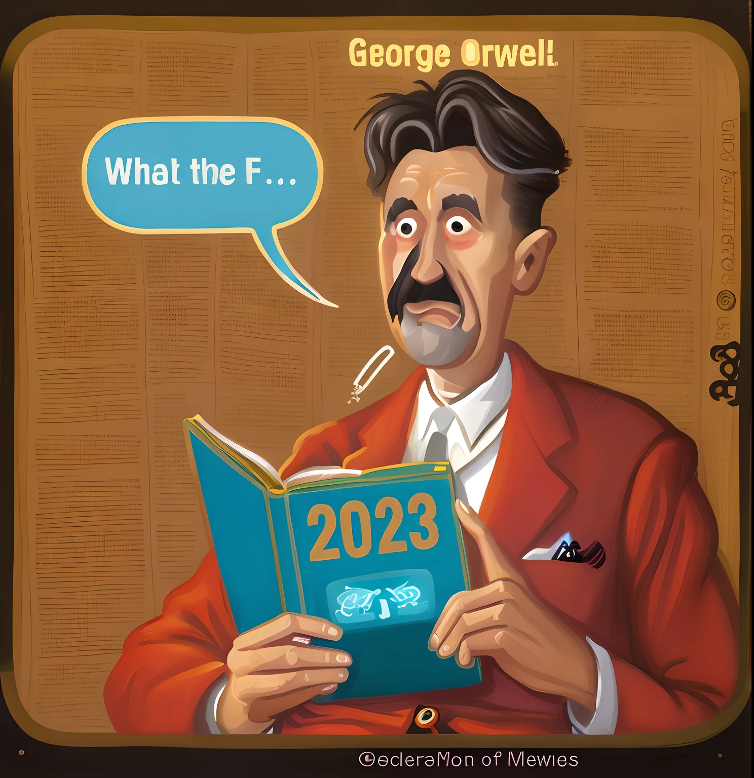 a colorful marvel cartoon of spider man reading a book with a speech bubble above it, george orwell, orwellian, orwellian dystopia, orwellian style, year 2 0 2 2, 2022 movie, subgenius, by Matt Groening, dave sim, f2.2, airing in 2 0 2 3, f 2.5