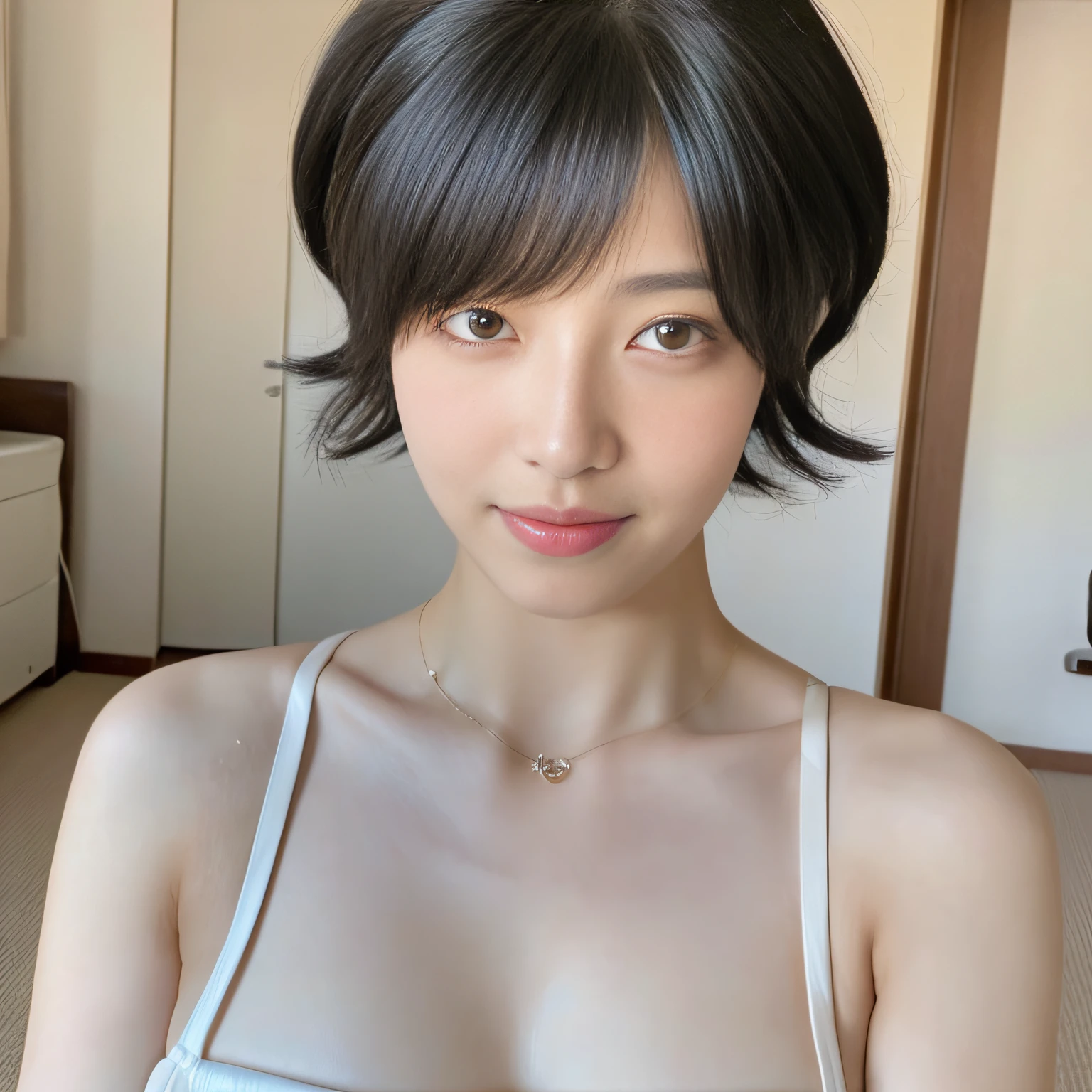 ((top-quality、in 8K、masterpiece:1.3))、(ultra-detailliert,Caustics)、(Photorealsitic:1.4,RAW shooting,)、Ultra-realistic capture,A highly detailed,、Shot indoors、Draw a beautiful woman with a pampering expression。Wearing maid clothes、The chest is open。、1girl in、beautfull Japanease woman:1.3、(Short curly hairstyle、tits out:1.2)、 bikini tops:1.2、Beautiful Women in Perfect Style:1.4、Perfect eyes、Even-eyed、Perfect iris、Perfect lips、flawless skin、no moles、Super Detail Face、Delicat eyes、二重まぶた、Soft breasts、Exposed cleavage、