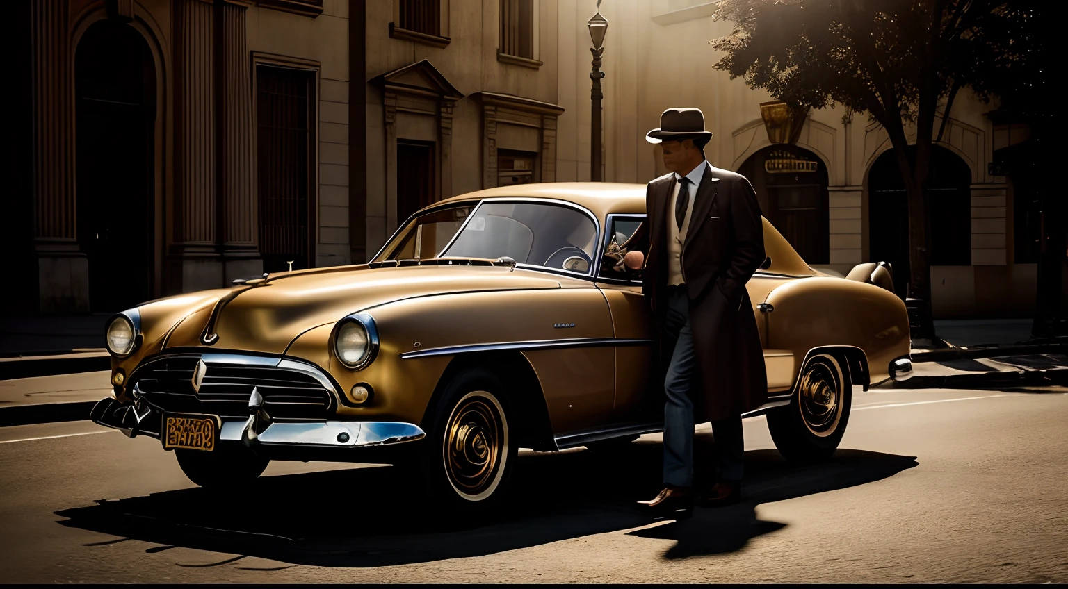 (best quality,4k,Altas,master part:1.2),ultra-detalhado,Realistic,fotorrealista:1.37,A bank robber in the 1950s,com o rosto parcialmente escondido, wearing a fedora hat and a long trench coat,pocketwatch, segurando uma arma e um saco de dinheiro, sneaking out of an old-fashioned bank vault wit? golden light illuminating it and casting dramatic shadows,Vintage cinematic effect in sepia tone,Stunning composition with a dynamic perspective, vibrant and colorful scenery, Classic cars parked outside the bank,People in the streets astonished.