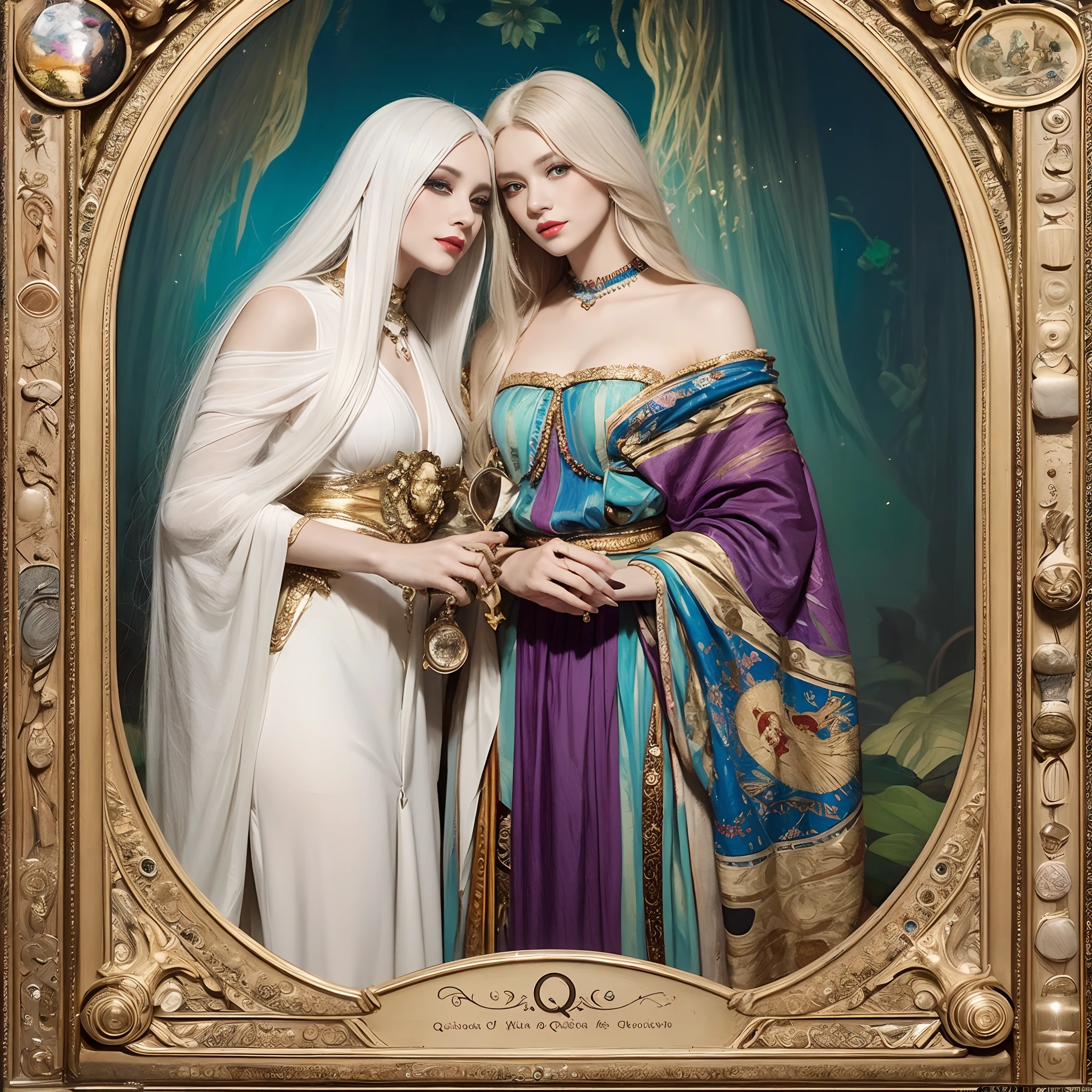 masterpiece, best quality, 2 medium skinned drag qqueens, adult, long white hair, long nails, the fool \(tarot\),bard, clown,Symbolism,Visual art,Occult,Universal,Vision casting,Philosophical,Iconography,Numerology,Popularity,Artistic, Alfons Mucha