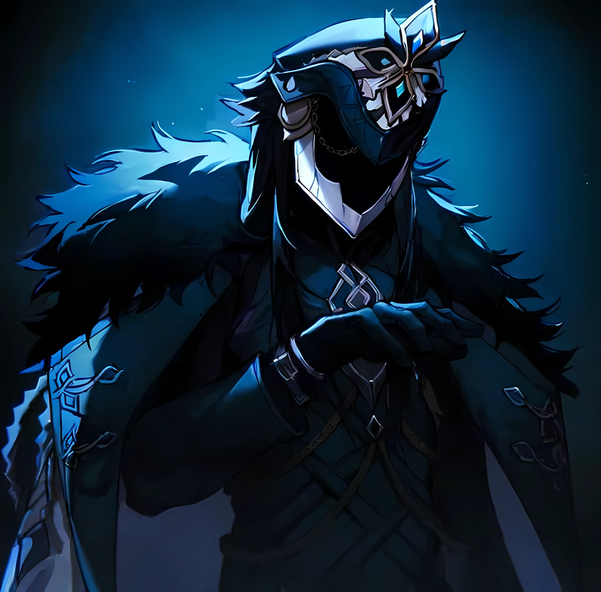 there is a cartoon image of a man in a dark outfit, karthus from league of legends, crow in cyber armour, onmyoji detailed art, anthropomorphic raven knight, kenku, onmyoji portrait, ainz ooal gown, style of duelyst, dark high-contrast concept art, albedo from the anime overlord