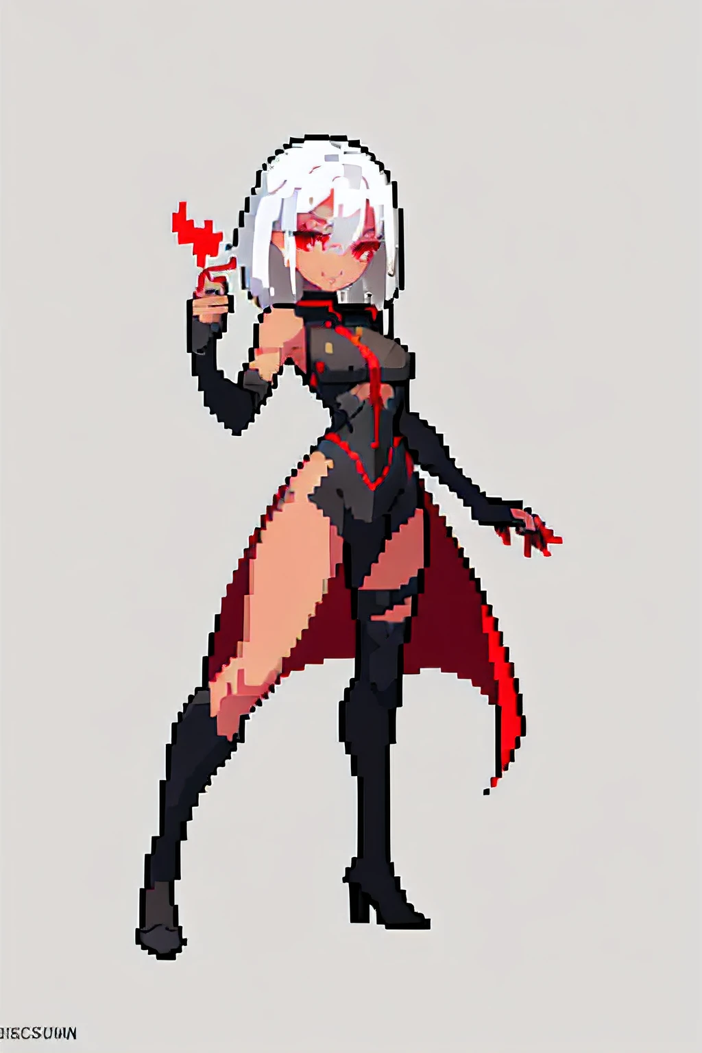 (masterpiece、top-quality、top-quality)、pixels、Pixel art、One girl with short silver hair and red eyes、Sexy adventurer costume with a lot of black exposure、full bodyesbian