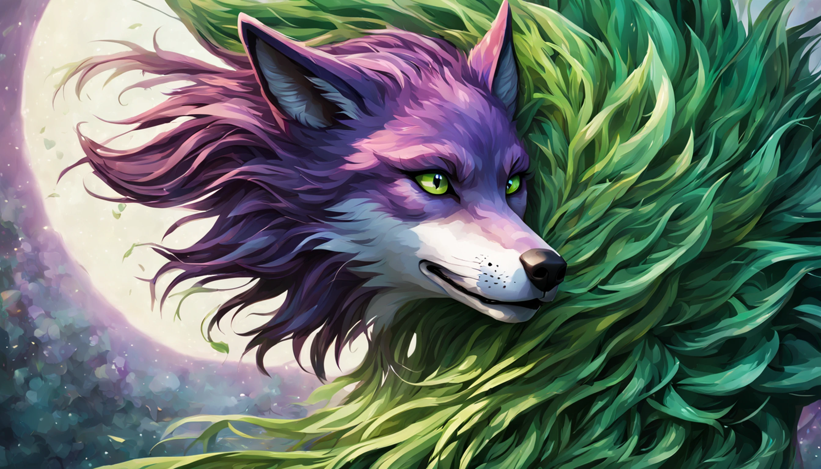 It's a super detailed and stunningly beautiful CG illustration of a sensual green Lair wolf with lush purple hair, olhos verdes afiados, um nariz vermelho, e um rosto alto de bermuda. Com lindos pelos verdes e detalhes amarelos na barriga, cauda e pelo, Essa beleza animalesca exala sensualidade a cada pose.