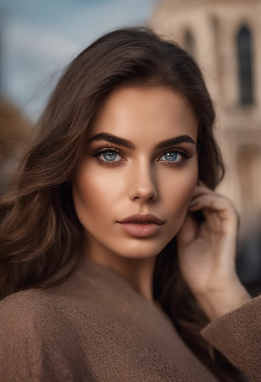 Femmes totalement Alafed , fille sexy aux yeux bruns, A hyper-realistic, Meticulously detailed, Portrait Sophie Mudd, cheveux bruns et grands yeux, selfie of a young woman,  Violet Myers, sans maquillage, maquillage naturel, looking straight at camera, Visage avec Artgram, Maquillage subtil, De superbes photos du corps entier, dans la ville, Buste de taille moyenne、Distant photo