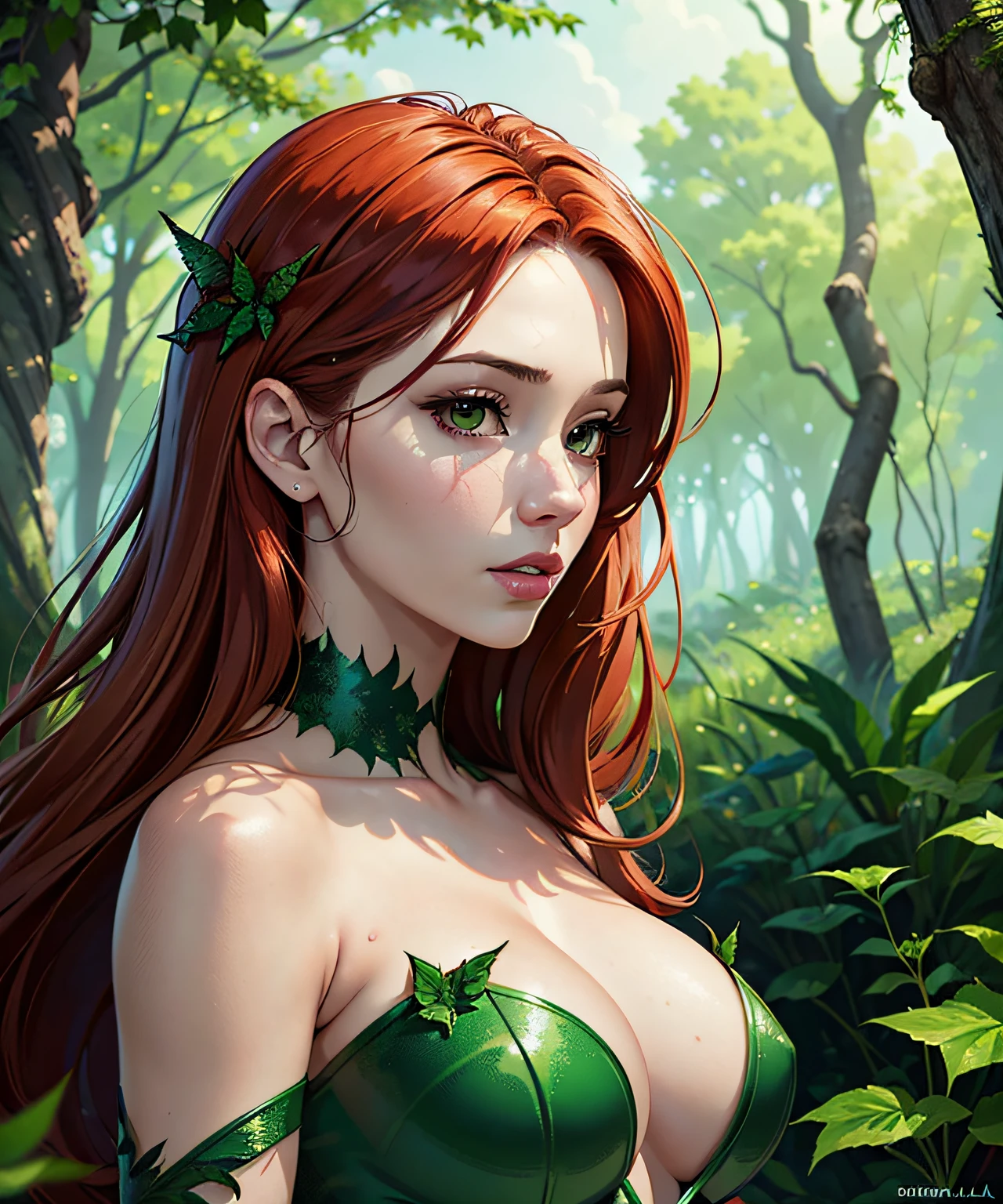 Portrait of beautiful girl (Poison Ivy), overcast sky background, plants everywhere, trees, forest, lush landscape illustration, concept art, maid, pinterest, art station, lou ll art