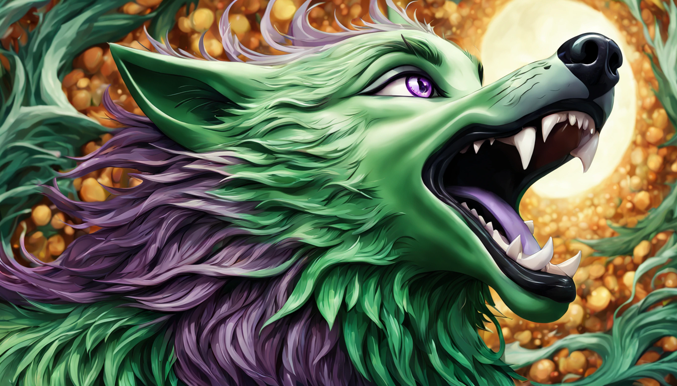 It's a super detailed and stunningly beautiful CG illustration of a sensual green Lair wolf with lush purple hair, olhos verdes afiados, um nariz vermelho, e um rosto alto de bermuda. Com lindos pelos verdes e detalhes amarelos na barriga, cauda e pelo, Essa beleza animalesca exala sensualidade a cada pose.