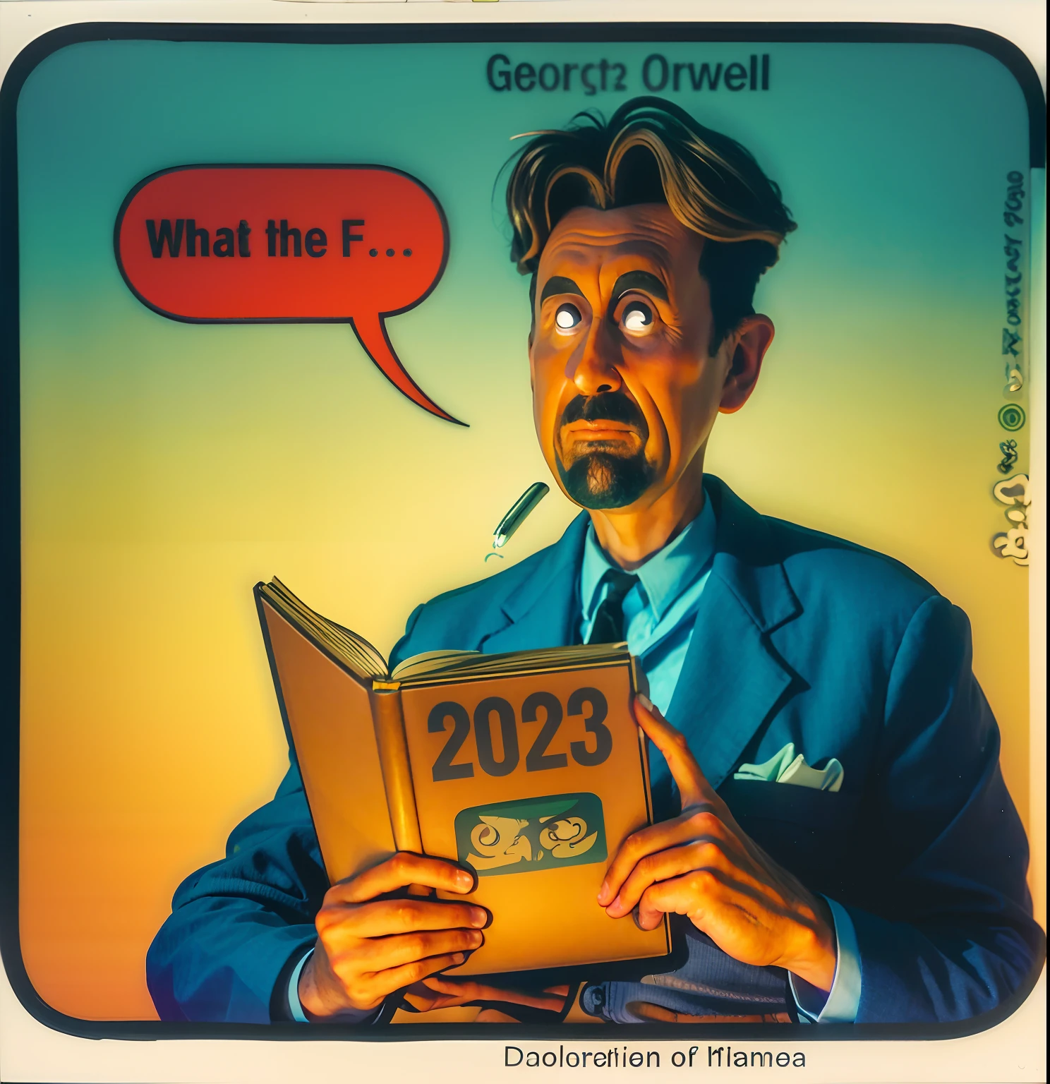 a cartoon of a man reading a book with a speech bubble above it, george orwell, orwellian, orwellian dystopia, orwellian style, year 2 0 2 2, 2022 movie, subgenius, by Matt Groening, dave sim, f2.2, airing in 2 0 2 3, f 2.5