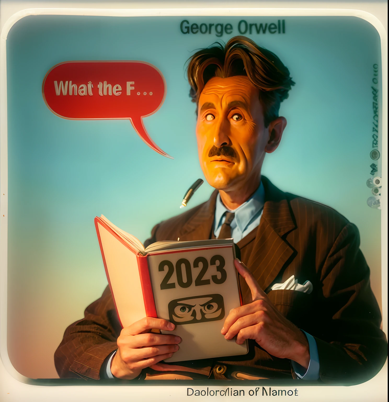 a cartoon of a man reading a book with a speech bubble above it, george orwell, orwellian, orwellian dystopia, orwellian style, year 2 0 2 2, 2022 movie, subgenius, by Matt Groening, dave sim, f2.2, airing in 2 0 2 3, f 2.5