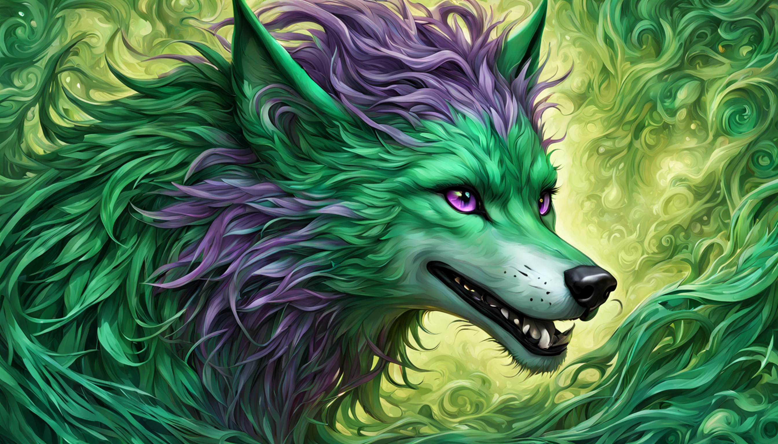 It's a super detailed and stunningly beautiful CG illustration of a sensual green Lair wolf with lush purple hair, olhos verdes afiados, um nariz vermelho, e um rosto alto de bermuda. Com lindos pelos verdes e detalhes amarelos na barriga, cauda e pelo, Essa beleza animalesca exala sensualidade a cada pose.