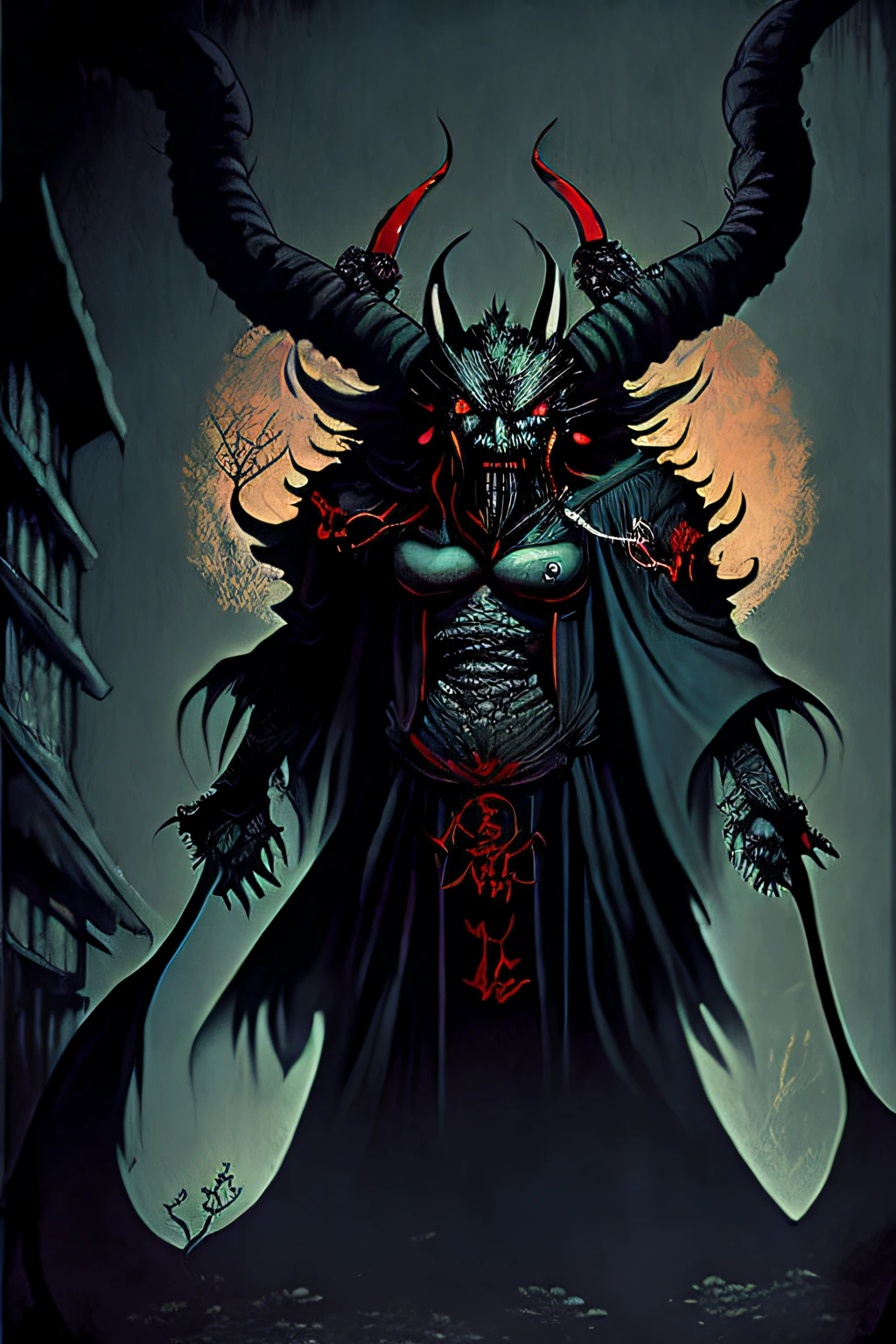 best quality,high-res,(realistic,physically-based rendering:1.37),ushi oni demon on Japanese mythology,horror,sharp focus,dark atmosphere,traditional art style,detailed texture,ominous presence,evocative lighting,ancient folklore,mythical creature,ominous horns,sharp fangs,menacing eyes,demonic features,writhing tentacles,shadowy silhouette,mystical aura,dark color palette,hauntingly beautiful,foreboding presence,ethereal atmosphere,looming figure,dynamic composition,creepy vibe,ominous landscape,sinister entity,mythical beast,ominous energy,evil spirit,ghostly apparition,demonic transformation,traditional Japanese setting,spooky ambiance,nightmare-inducing,elusive entity,monstrous being,unsettling presence,horror masterpiece