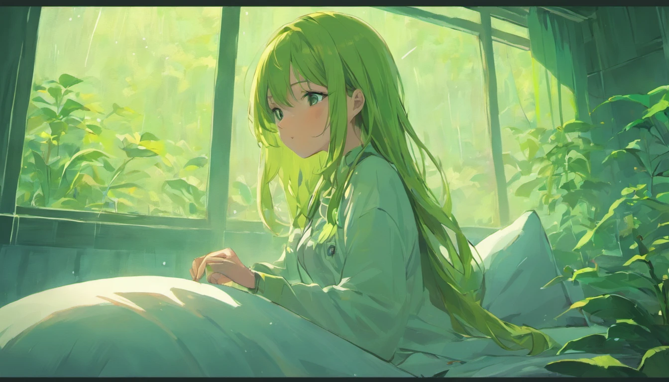 (melhor qualidade,Realistic,Altas),uma meditando em seu quarto,em um dia chuvoso com janelas abertas,belos olhos detalhados,beautiful detailed lips,long eyeslashes,deep concentration,peaceful,atmosfera serena,soft natural lighting,ambiente calmo e tranquilo,interior aconchegante,Elementos Decorativos,Arranjo de Feng Shui,Comfortable meditation cushion,plantas verdes vibrantes,sons sutis de chuva,Brisa suave,aroma refrescante da chuva,vivid colors,tom cinza-azulado,harmonia entre a natureza e o ser humano,Emotional Connection to the Rain,Panoramic view outside the window,Retratos