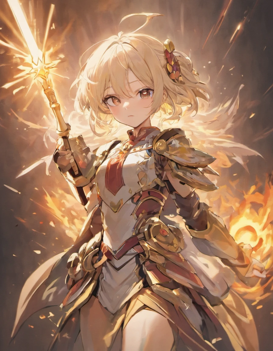 femele,The general is one meter and seven meters tall,Capable short white hair,Strong and sturdy body,Dressed in armor,holding a longsword,The appearance is dignified and majestic,Half-body diagram