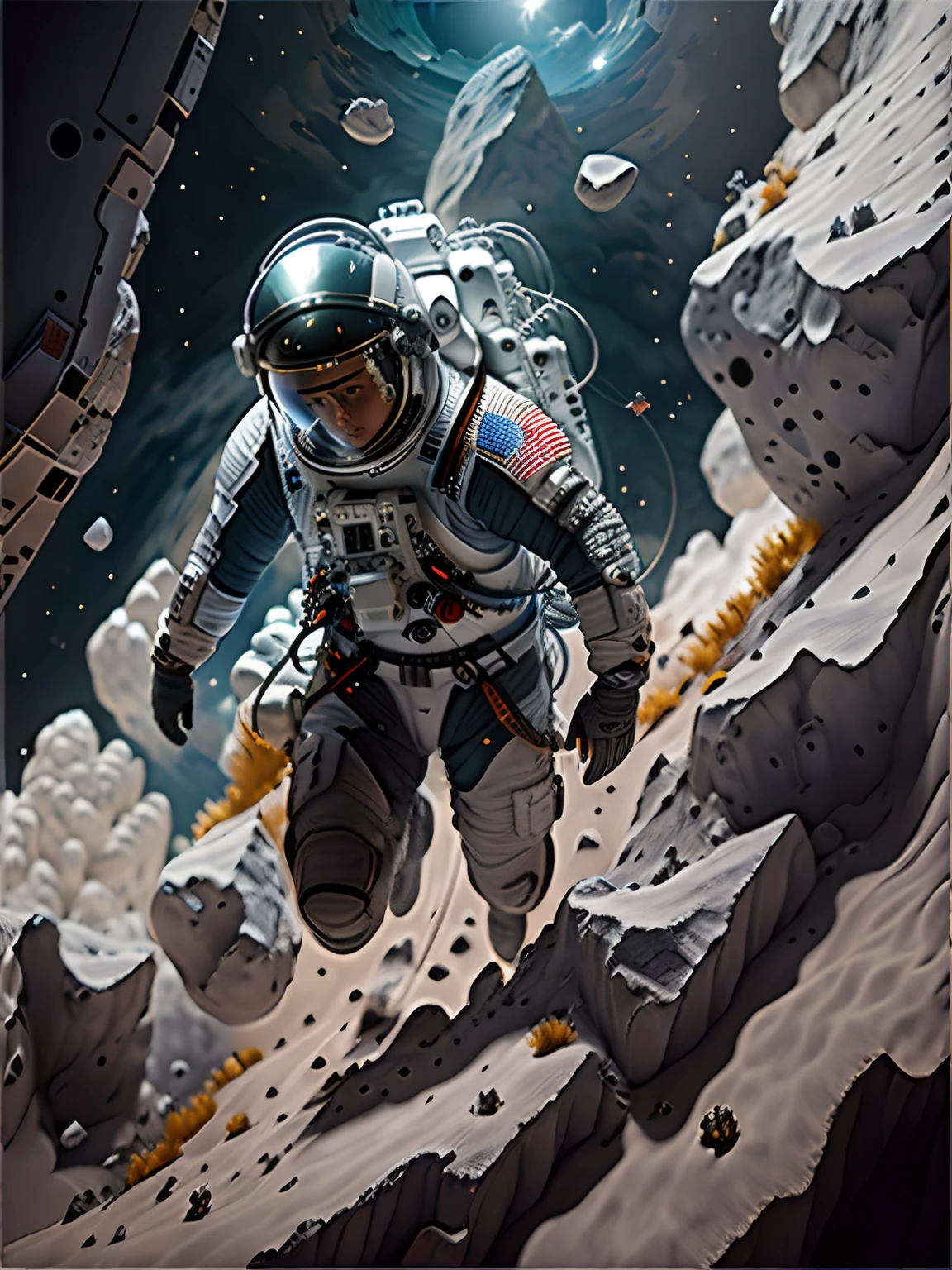 The astronaut, climbing the asteroid, Character rendering, super high-quality model, In the distance are breathtaking images of space,The scene is highly-detailed,Clarity is extraordinary,Every intricate detail of the panorama is captured,((tmasterpiece)),((best qualtiy)),8K,high detal,((Masterpiece)), (Best quality))，