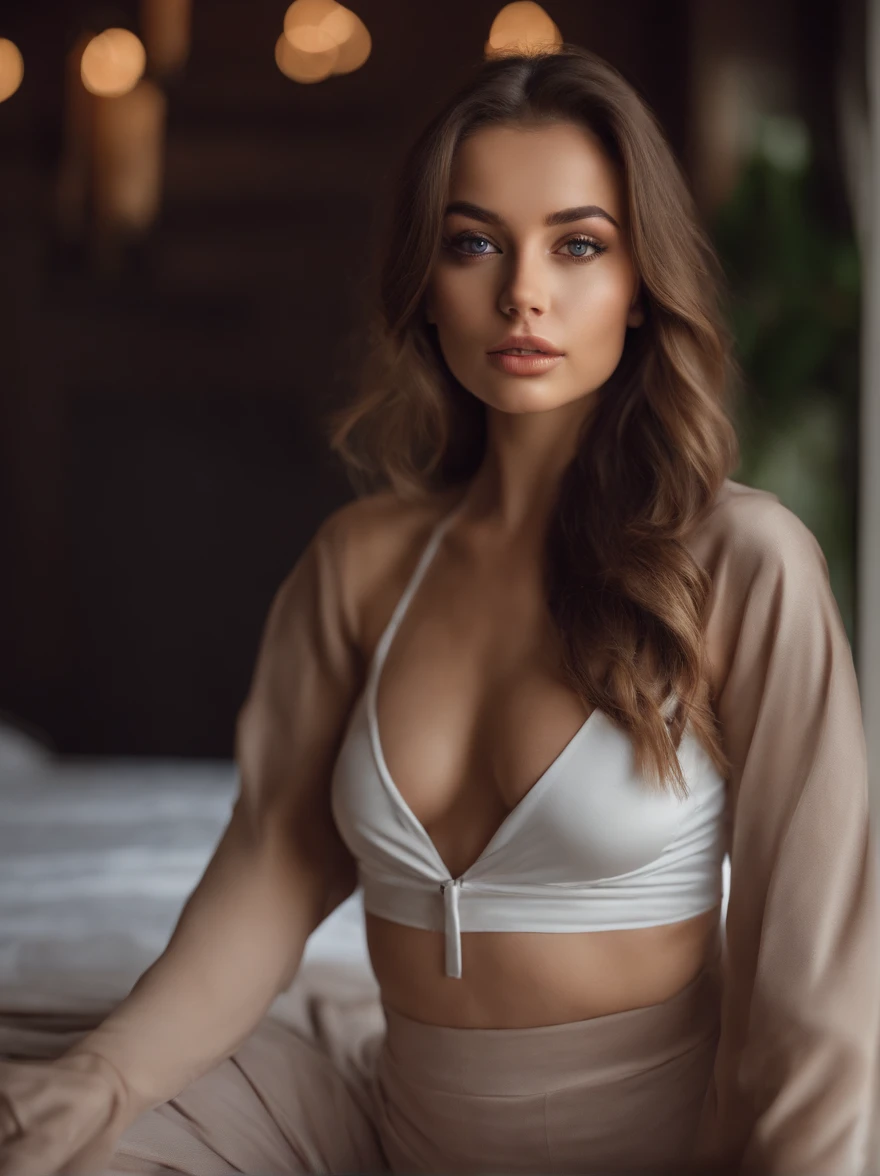 Arafed woman in white low cut T-shirt, sexy girl with brown eyes, portrait sophie mudd, brown hair and large eyes, selfie of a young woman, bedroom eyes, violet myers, no makeup, natural makeup, looking straight at camera, face with artgram, fine makeup, Stunning full-length shot, Piercing green eyes, beautiful angle, attractive pose, Sweet girl, sexy pose, full length image, little cleavage, full - body, shooting full body, Brunette goddess, Satisfied posture, leather pants, standing, outside, restaurant, high detail, textured skin, super detail, high quality, high details, anatomically correct, UHD