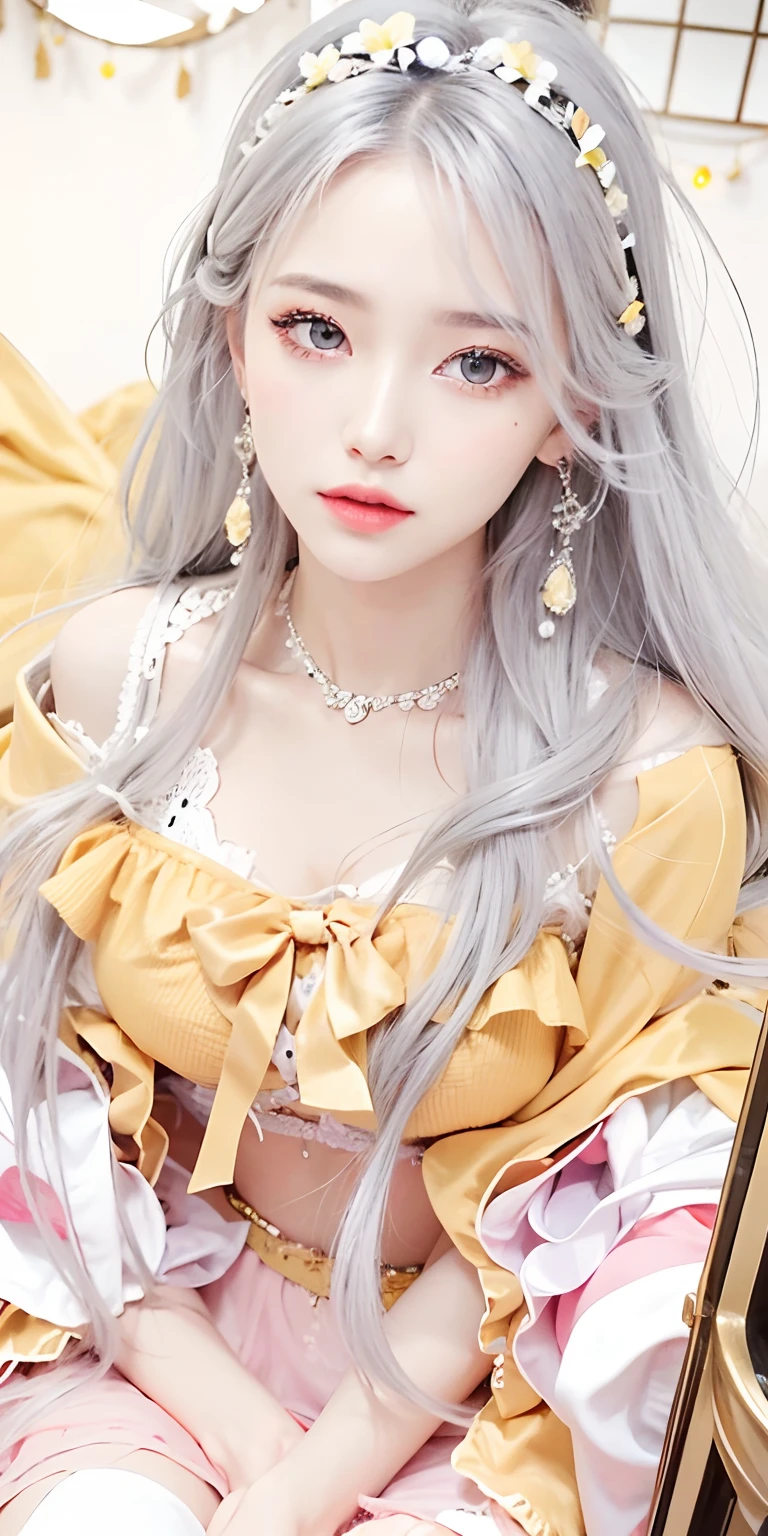 1girl,big breast, silver hair,silver eyes, yellow dress, ultra detailed, masterpiece, realistic