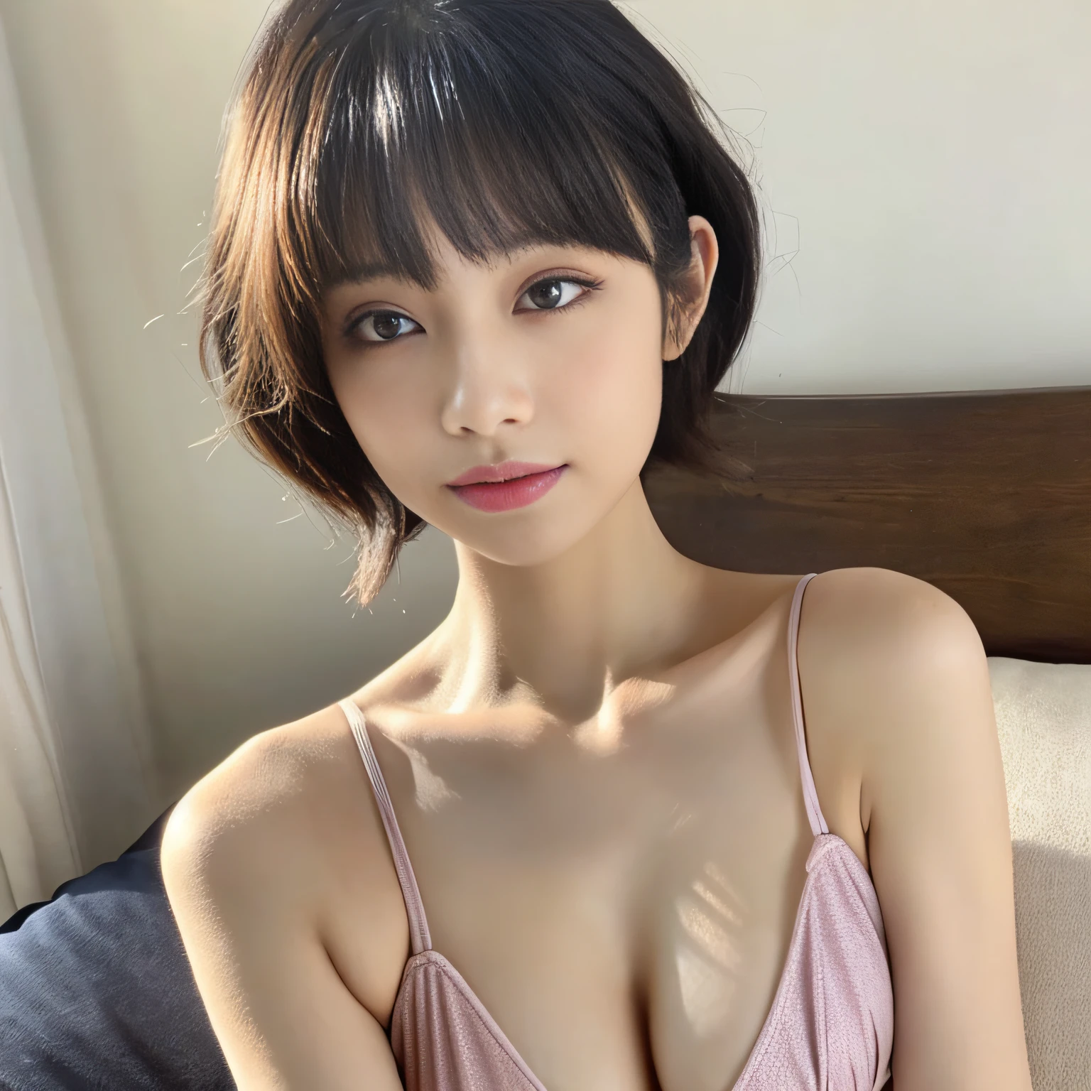 ((top-quality、in 8K、masterpiece:1.3))、Shot indoors、Draw a beautiful woman with a pampering expression。gals、beauty legs、Wearing loungewear。、1girl in、beautfull Japanease woman:1.3、(Short curly hairstyle、tits out:1.2)、 bikini tops:1.2、Beautiful Women in Perfect Style:1.4、Perfect eyes、Even-eyed、Perfect iris、Perfect lips、flawless skin、no moles、Super Detail Face、Delicat eyes、二重まぶた、Soft breasts、Exposed cleavage、