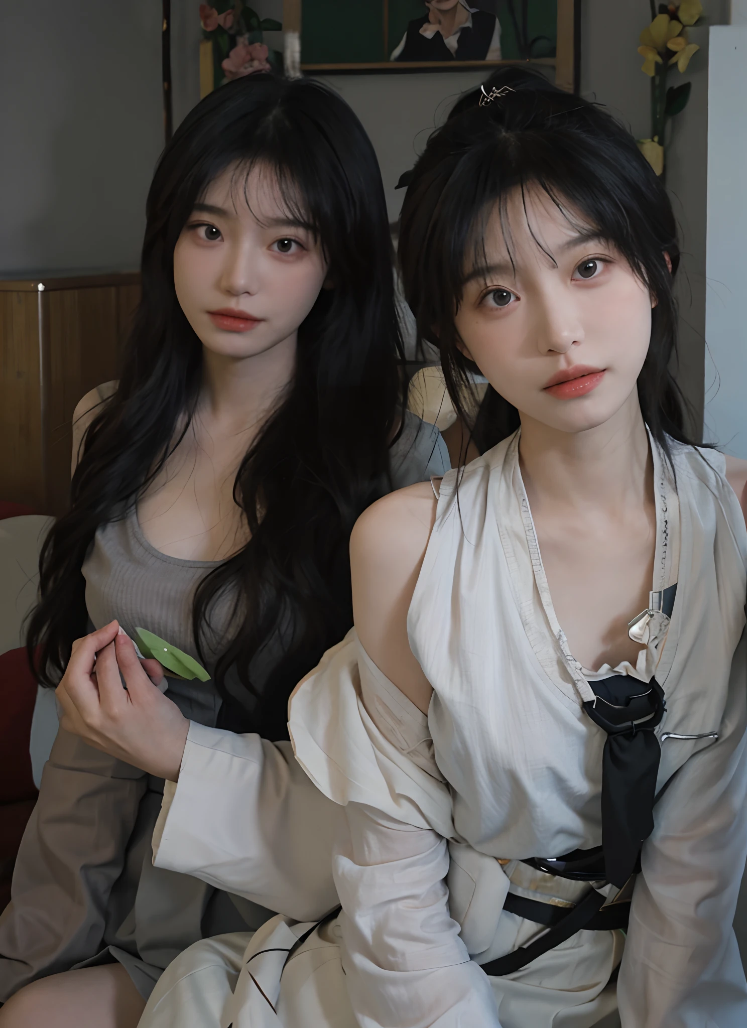 best qualtiy, 超高分辨率, (realisticlying:1.4), one-girl, A pair of clear and moving peach blossom eyes,Royal Sister,Black long straight,Yellow tight skirt, (big cleavage breasts:1.2), looking at viewert, closeup cleavage ,