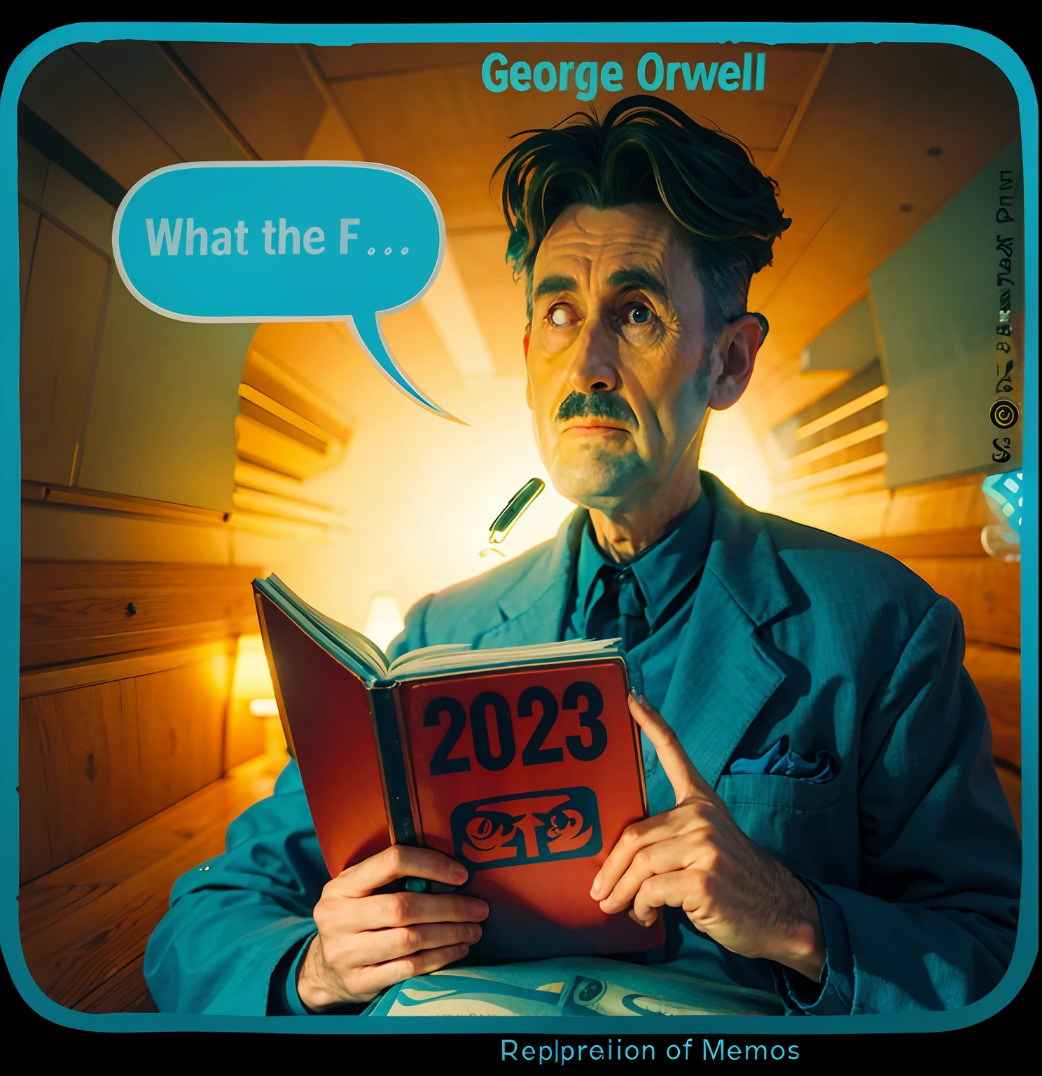 a cartoon of a man reading a book with a speech bubble above it, george orwell, orwellian, orwellian dystopia, orwellian style, year 2 0 2 2, 2022 movie, subgenius, by Matt Groening, dave sim, f2.2, airing in 2 0 2 3, f 2.5