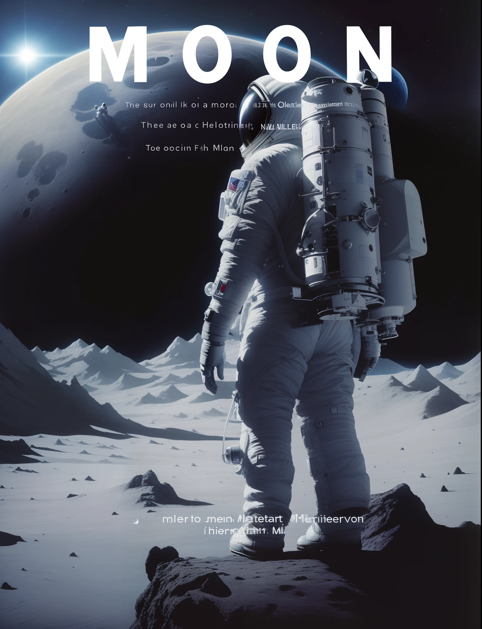 A poster of a man standing on the moon in a spacesuit, Astronaut, author：Jean Helion, on moon, On the moon, author：John Munan, inspired by Stephan Martiniere, Interstellar surrealism, illustration!, Martian, Interstellar, lonely astronaut, inspired by Martin Deschambault, Ridley Scott, Ridley Scott Universe