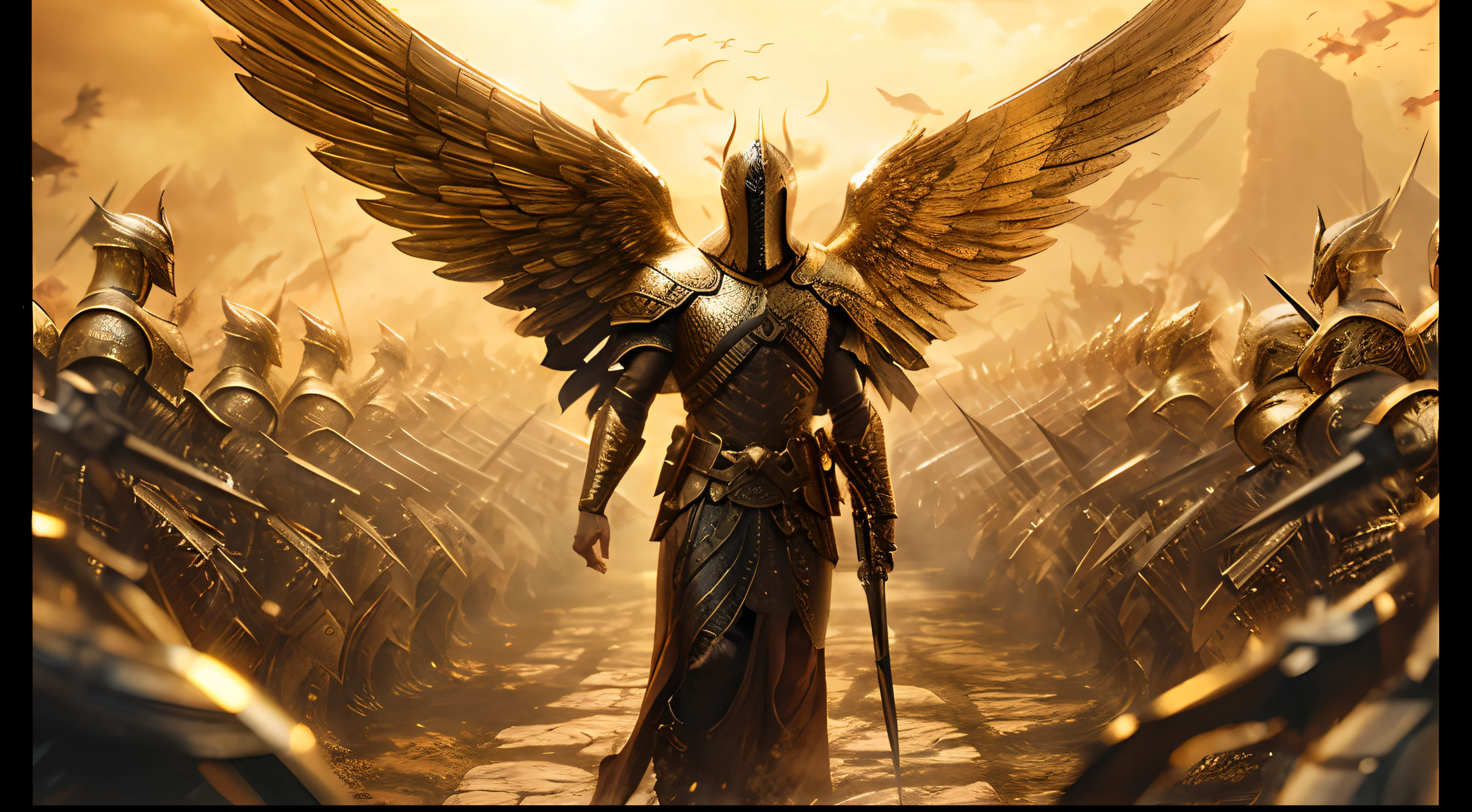 um close up de uma pessoa com uma espada e asas, arcanjo, humano alado, biblical epic movie, O Deus Imperador da Humanidade, Directed by: Gabriel Ba, na captura de tela do filme 300, gold wings on head, Nephilim, Asas de Ouro, Anjo de Verdun, Estilo de Raymond Swanland, ainda de um filme de fantasia, Armadura Dourada Angelical