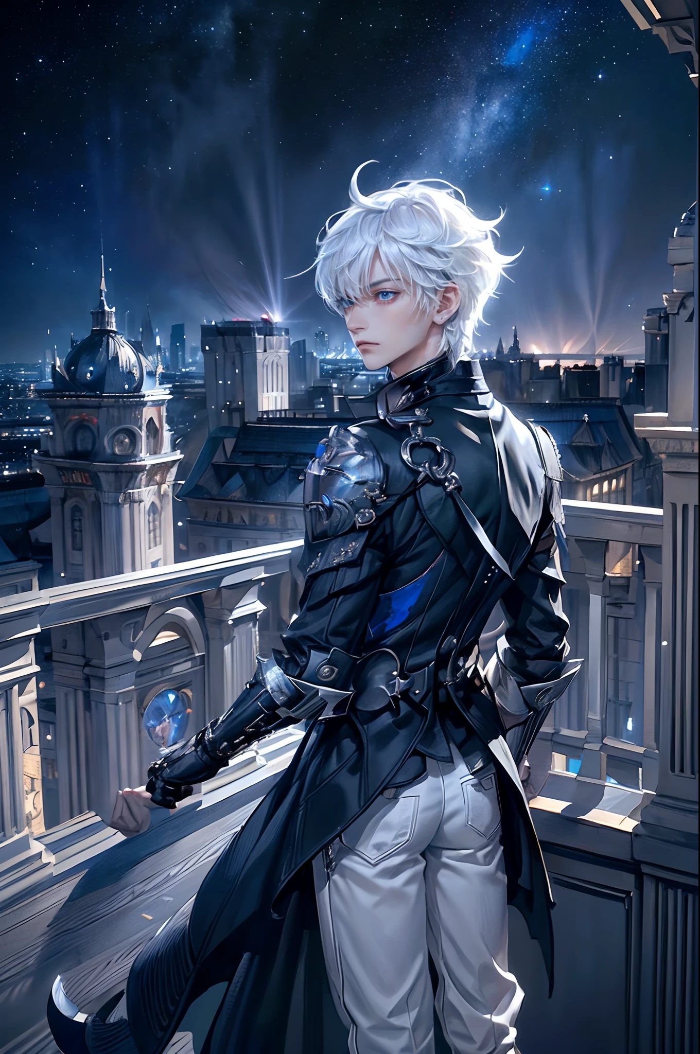 ((4K works))、​masterpiece、(top-quality)、One beautiful boy、Slim body、tall、((Black Y-shirt and white pants、Charming English knight style))、(Detailed beautiful eyes)、Fantastic English black balcony、Castle inhabited by villains、Villain Knight、Balcony at night、((Starry sky in the background))、((dark sky))、((Fashionable city scenery at midnight))、((Standing on a stylish balcony and shooting))、mid night、((Face similar to Carly Rae Jepsen))、((Short-haired white hair))、((Smaller face))、((Neutral face))、((Bright blue eyes))、((American adult male))、((Adult male 26 years old))、((Cool Men))、((Like a celebrity))、((Angry look))、((Korean Makeup))、((elongated and sharp eyes))、((Happy dating))、((boyish))、Professional Photos、(((Shot alone)))、((shot from back))、((Shot so that the back of the head is visible))、((Focus zoom in))、((He is looking at the starry sky))、((He is standing on the balcony))、horor、((Beautiful and cool photos))、Cool pose