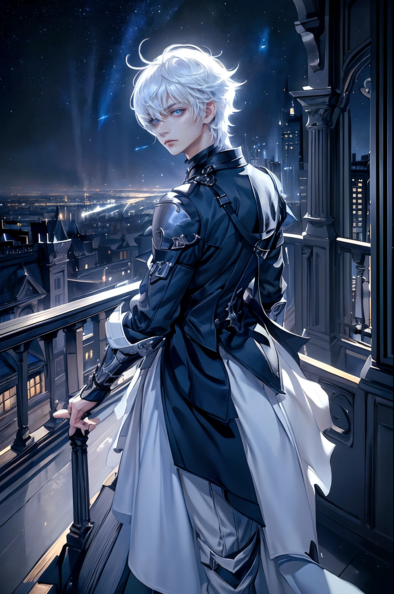 ((4K works))、​masterpiece、(top-quality)、One beautiful boy、Slim body、tall、((Black Y-shirt and white pants、Charming English knight style))、(Detailed beautiful eyes)、Fantastic English black balcony、Castle inhabited by villains、Villain Knight、Balcony at night、((Starry sky in the background))、((dark sky))、((Fashionable city scenery at midnight))、((Standing on a stylish balcony and shooting))、mid night、((Face similar to Carly Rae Jepsen))、((Short-haired white hair))、((Smaller face))、((Neutral face))、((Bright blue eyes))、((American adult male))、((Adult male 26 years old))、((Cool Men))、((Like a celebrity))、((Angry look))、((Korean Makeup))、((elongated and sharp eyes))、((Happy dating))、((boyish))、Professional Photos、(((Shot alone)))、((shot from back))、((Shot so that the back of the head is visible))、((Focus zoom in))、((He is looking at the starry sky))、((He is standing on the balcony))、horor、((Beautiful and cool photos))、Cool pose