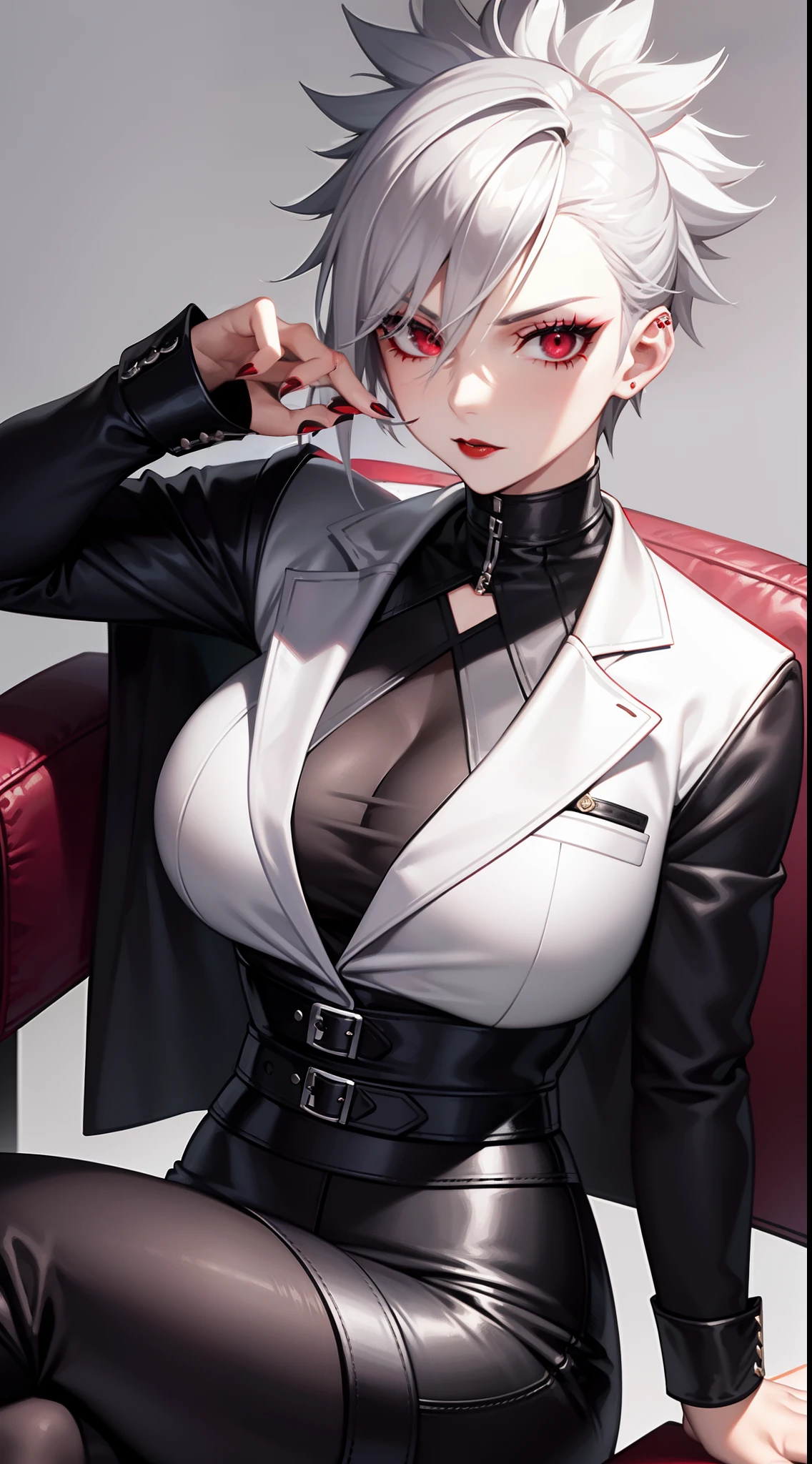 Adult woman, short gray hair, spiked hair, red eyes, black eye shadow, black lipstick, White aristocrat jacket, black tight pants, large breasts, musculature, claws, lock, sits on a chair, Masterpiece, hiquality, 4k, HD, Good detail